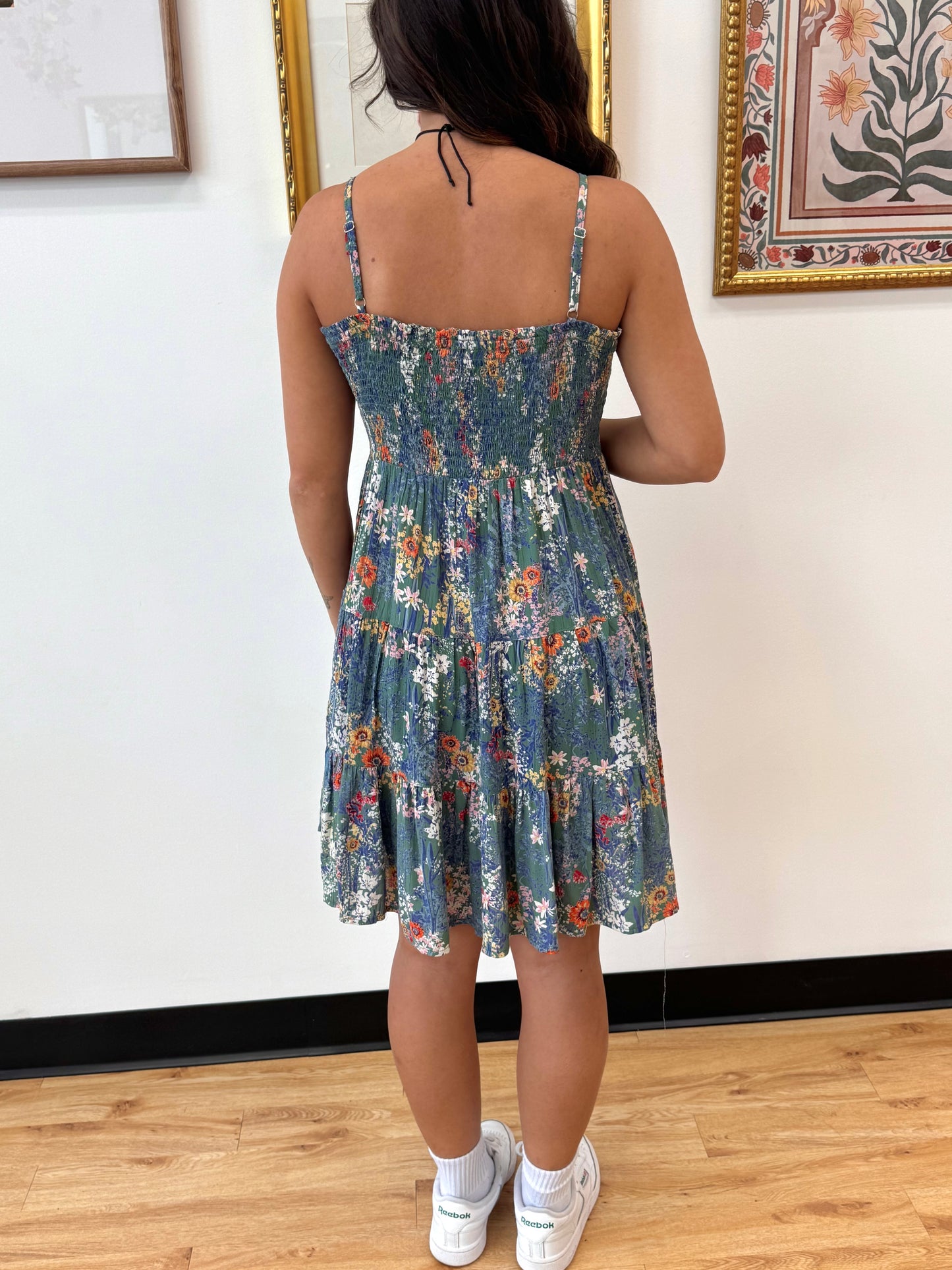 Teal Floral Smocked Dress Dress