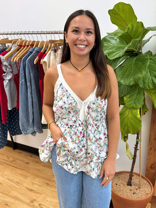 Floral Lace Trim Tank Top