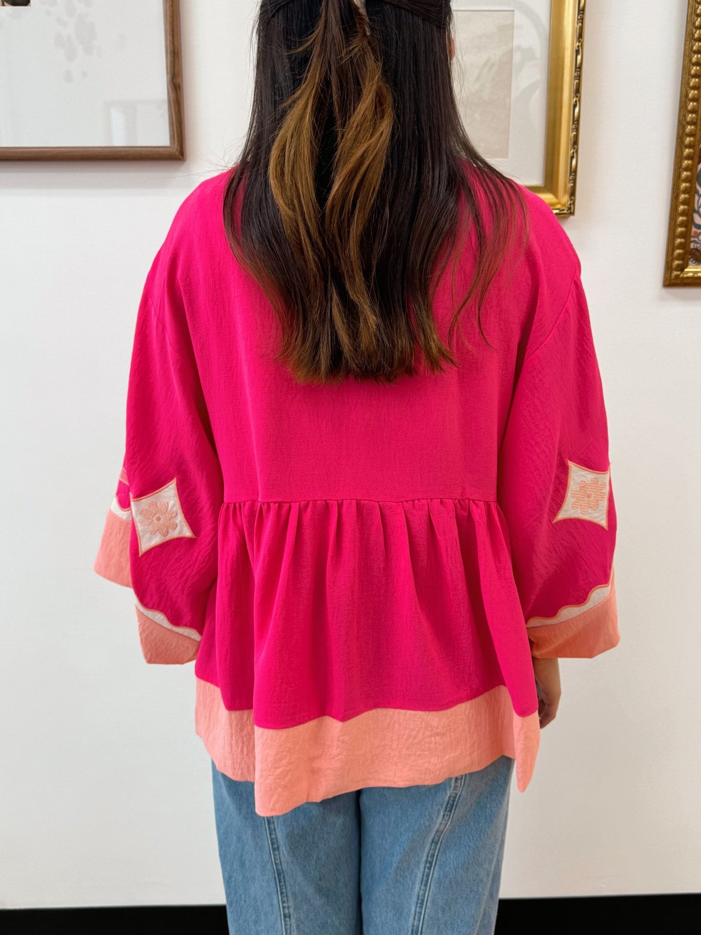 Embroidered Pink Flowy Top Shirts & Tops