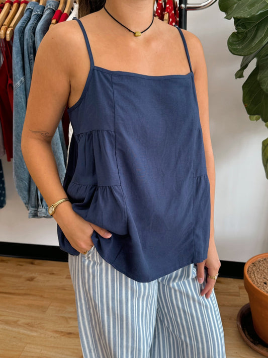 Navy Linen Tank Top Shirts & Tops
