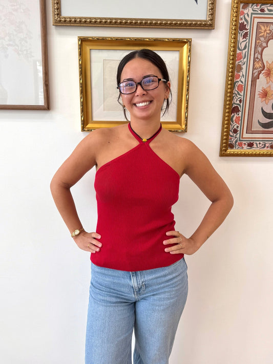 Red Knit Halter Neck Top Shirts & Tops
