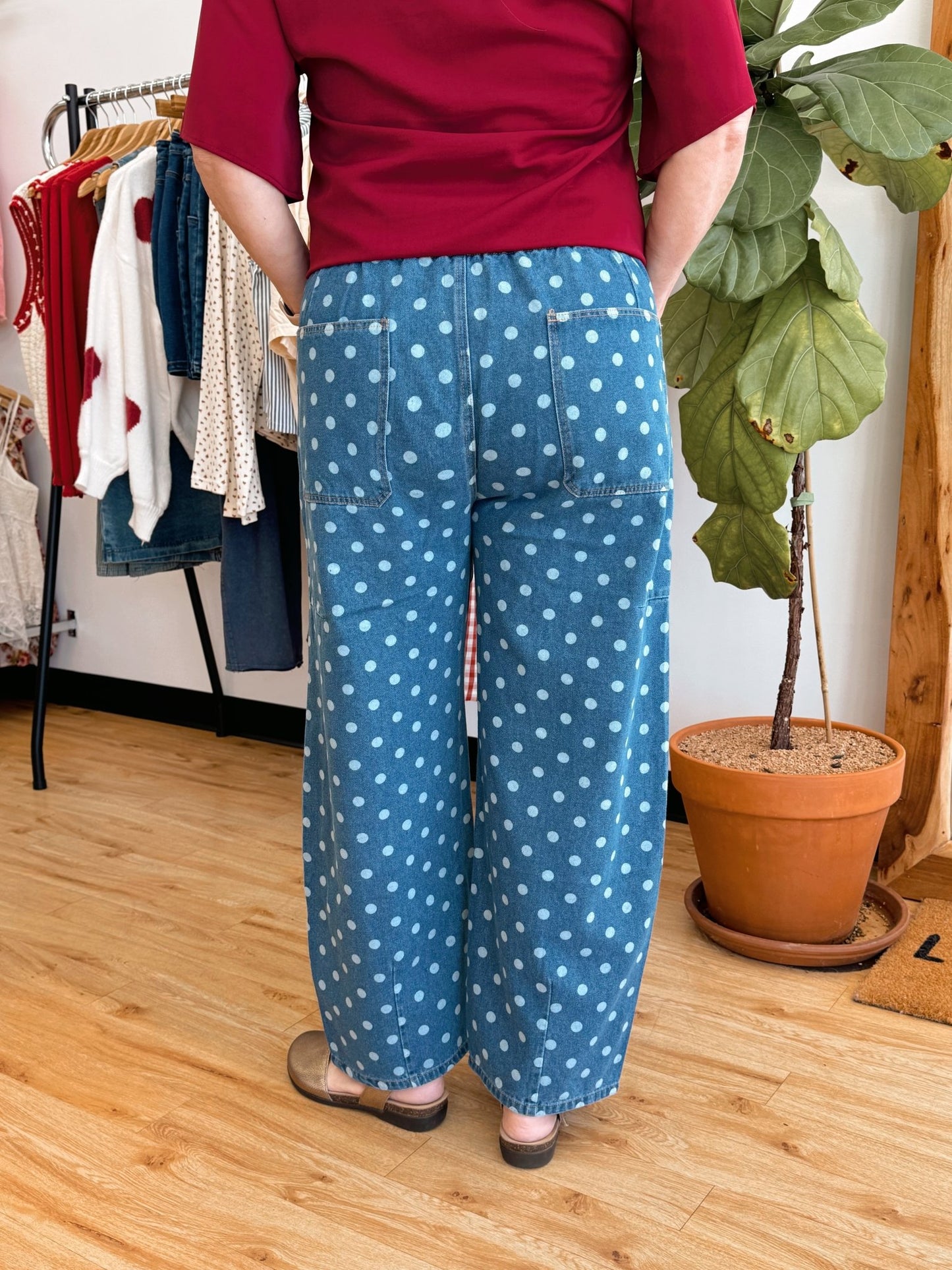 Vintage Polka Denim Drawstring Pants Bottoms