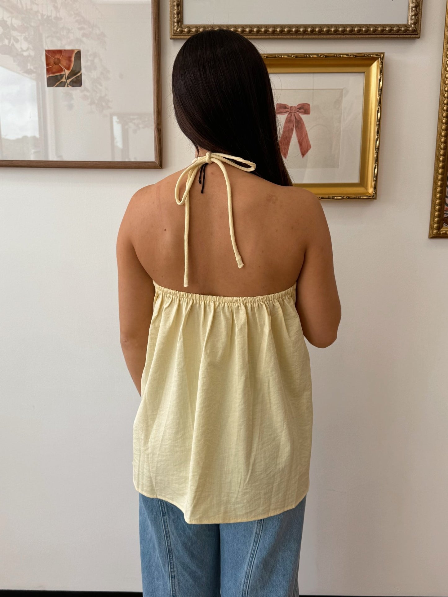 Yellow Halter Linen Tank Top Shirts & Tops