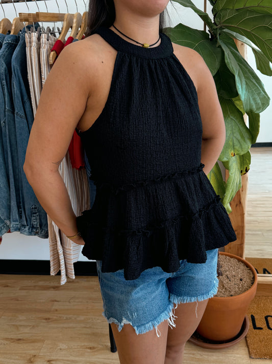 Black Tiered Halter Top Shirts & Tops