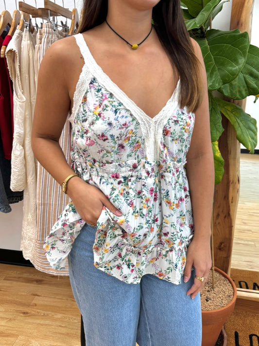 Floral Lace Trim Tank Top