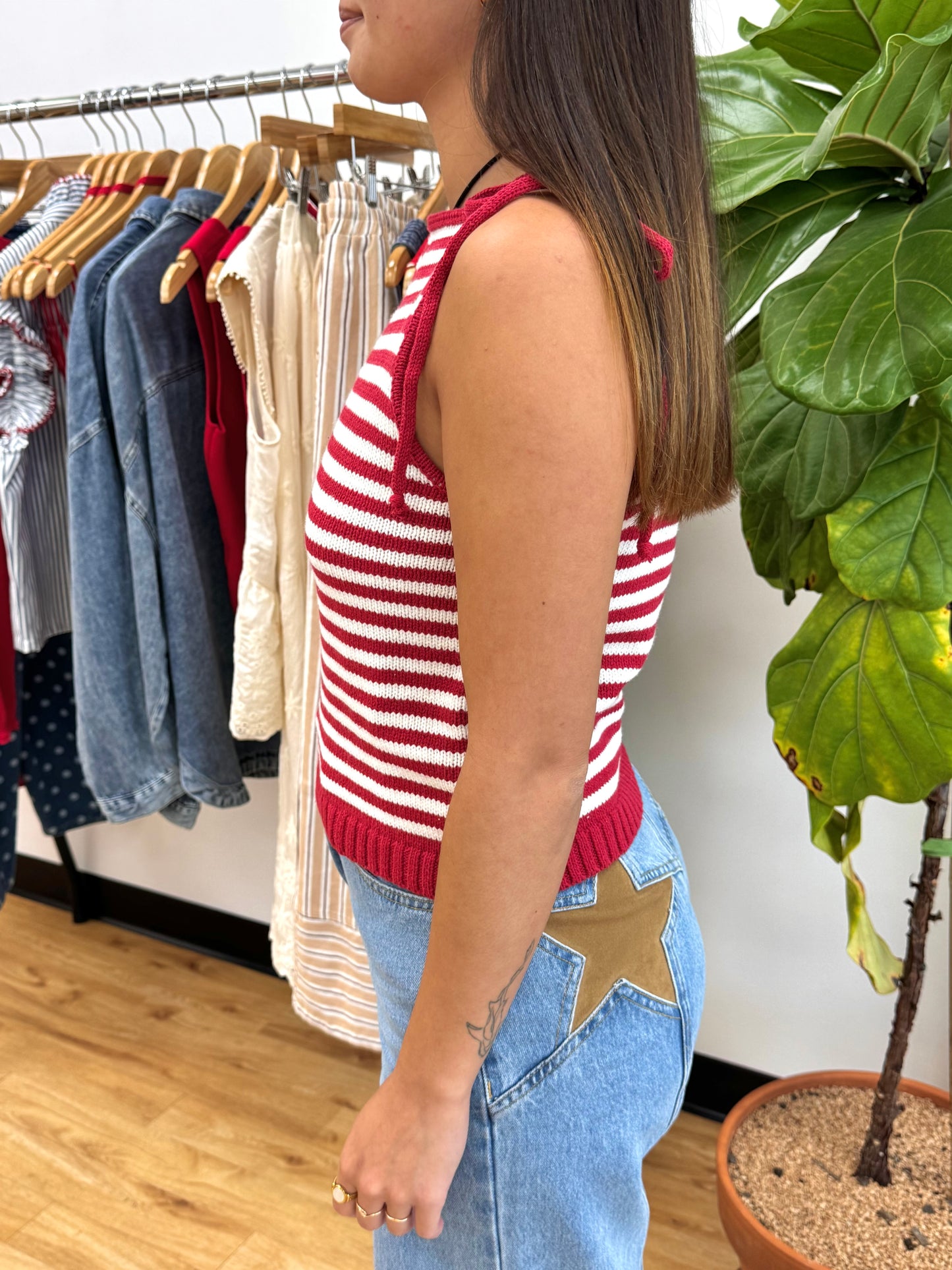 Striped Knit Tie Tank Top Shirts & Tops