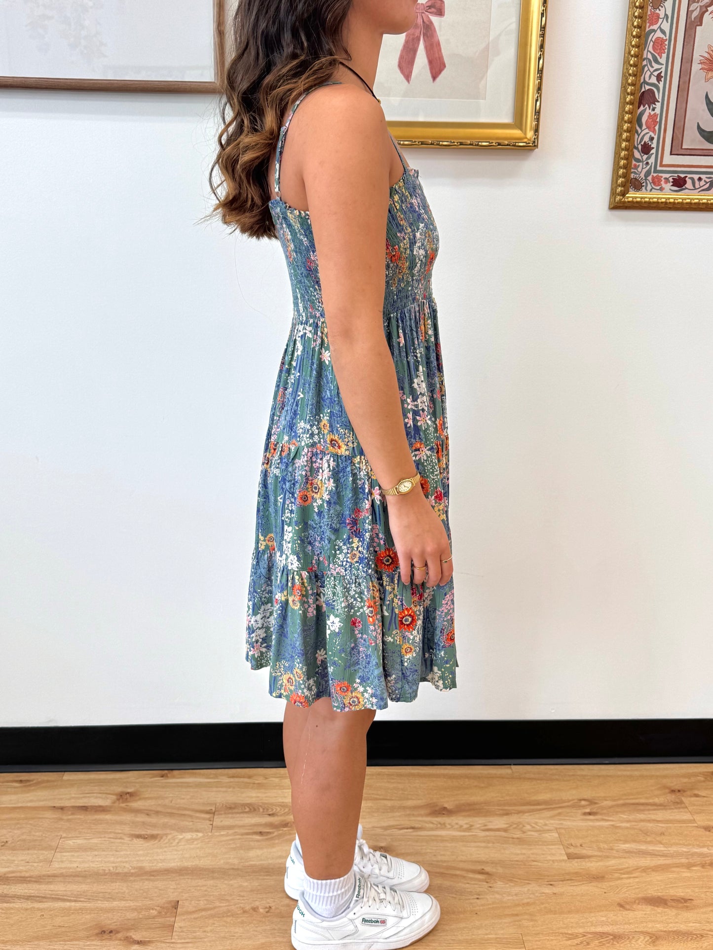 Teal Floral Smocked Dress Dress