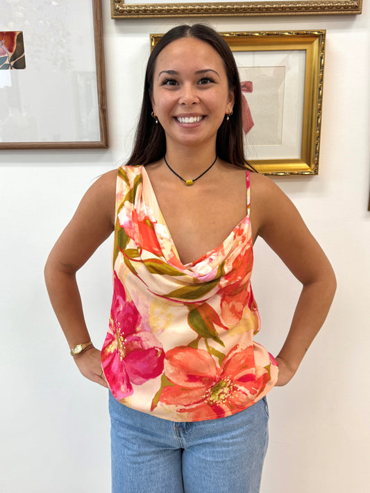 Asymmetric Cowl Neck Floral Tank Shirts & Tops