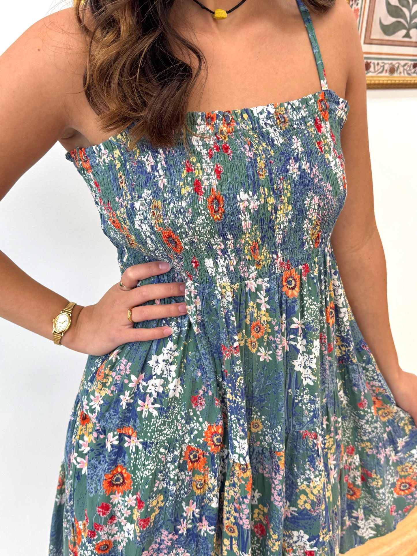 Teal Floral Smocked Dress Dress