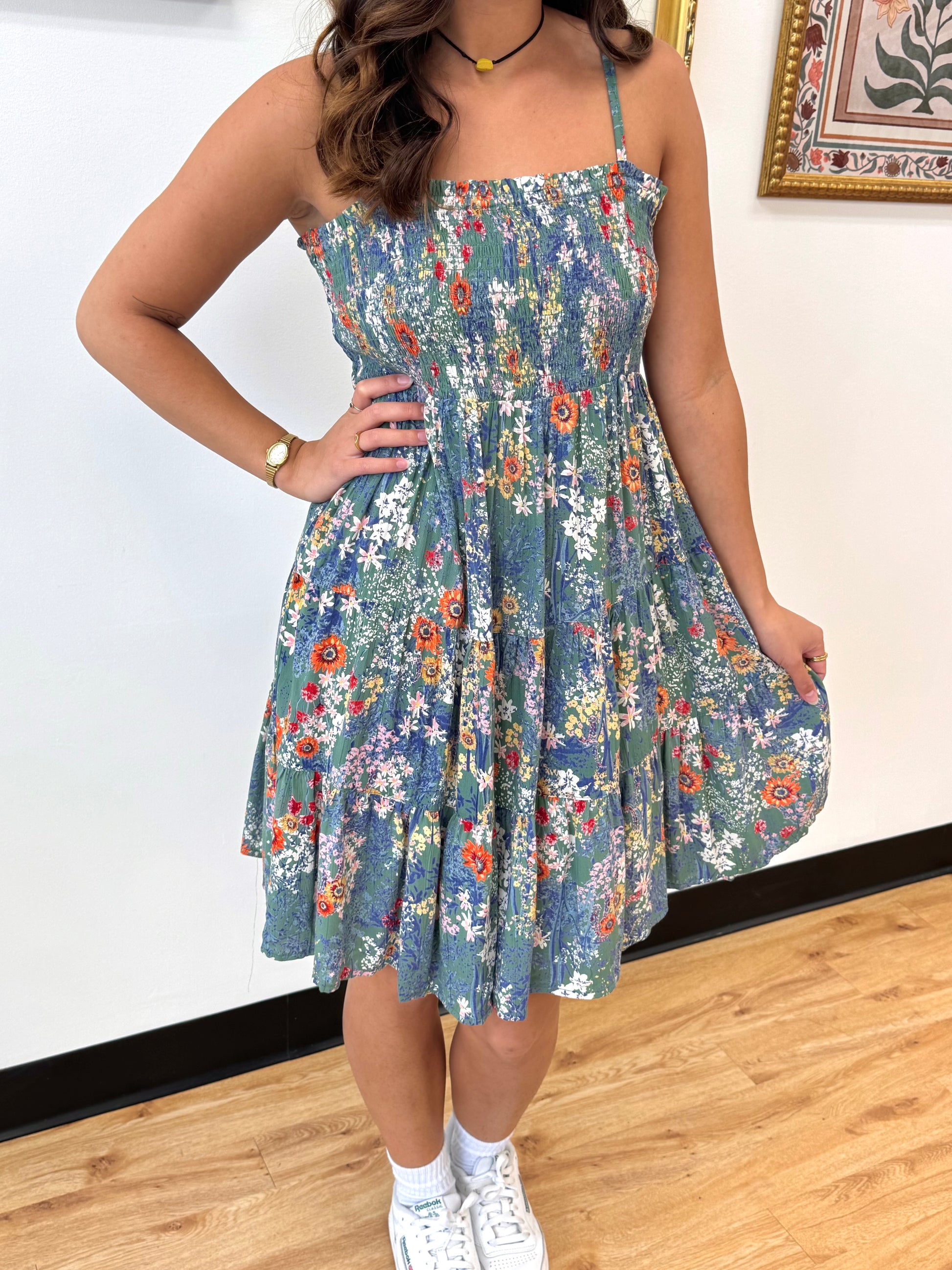 Teal Floral Smocked Dress Dress