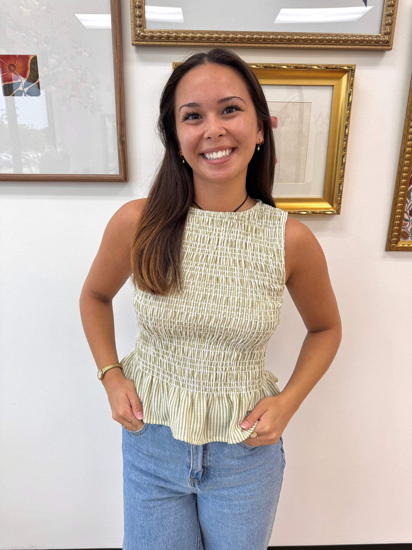 Green Striped Smocked Top Shirts & Tops
