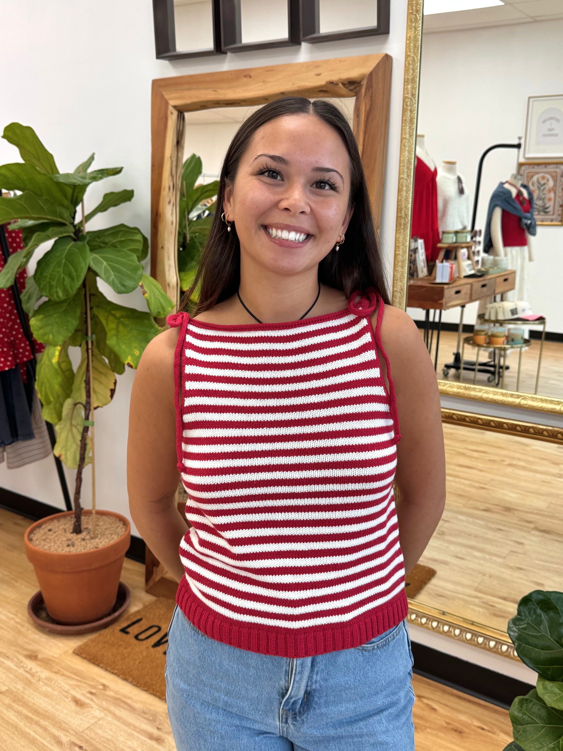 Striped Knit Tie Tank Top Shirts & Tops
