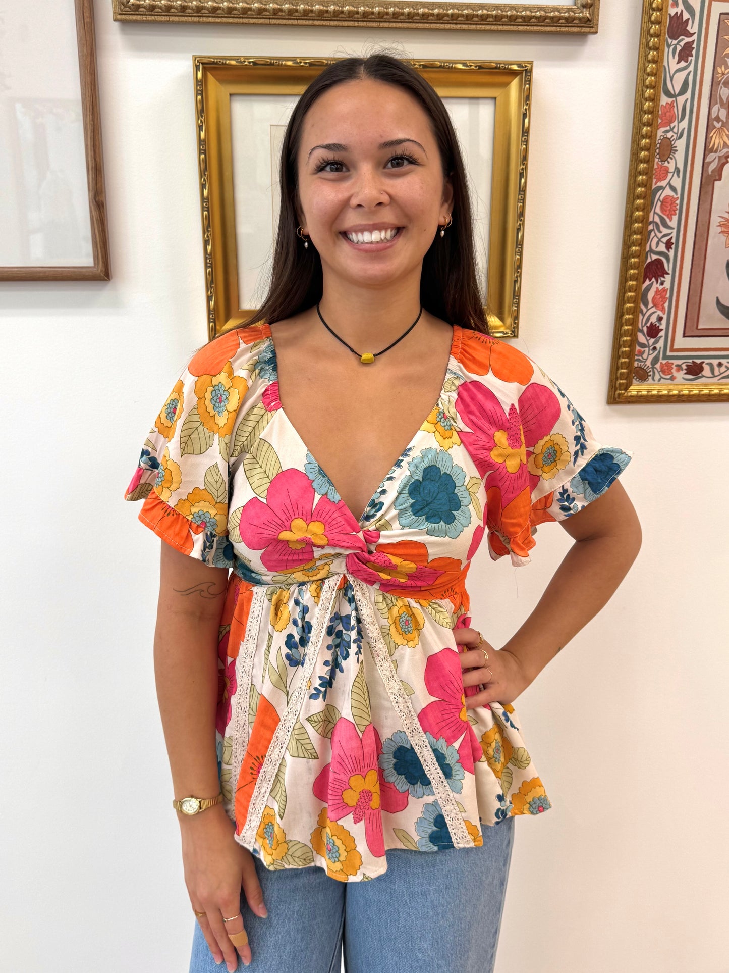 Bright Floral Twist Top Shirts & Tops