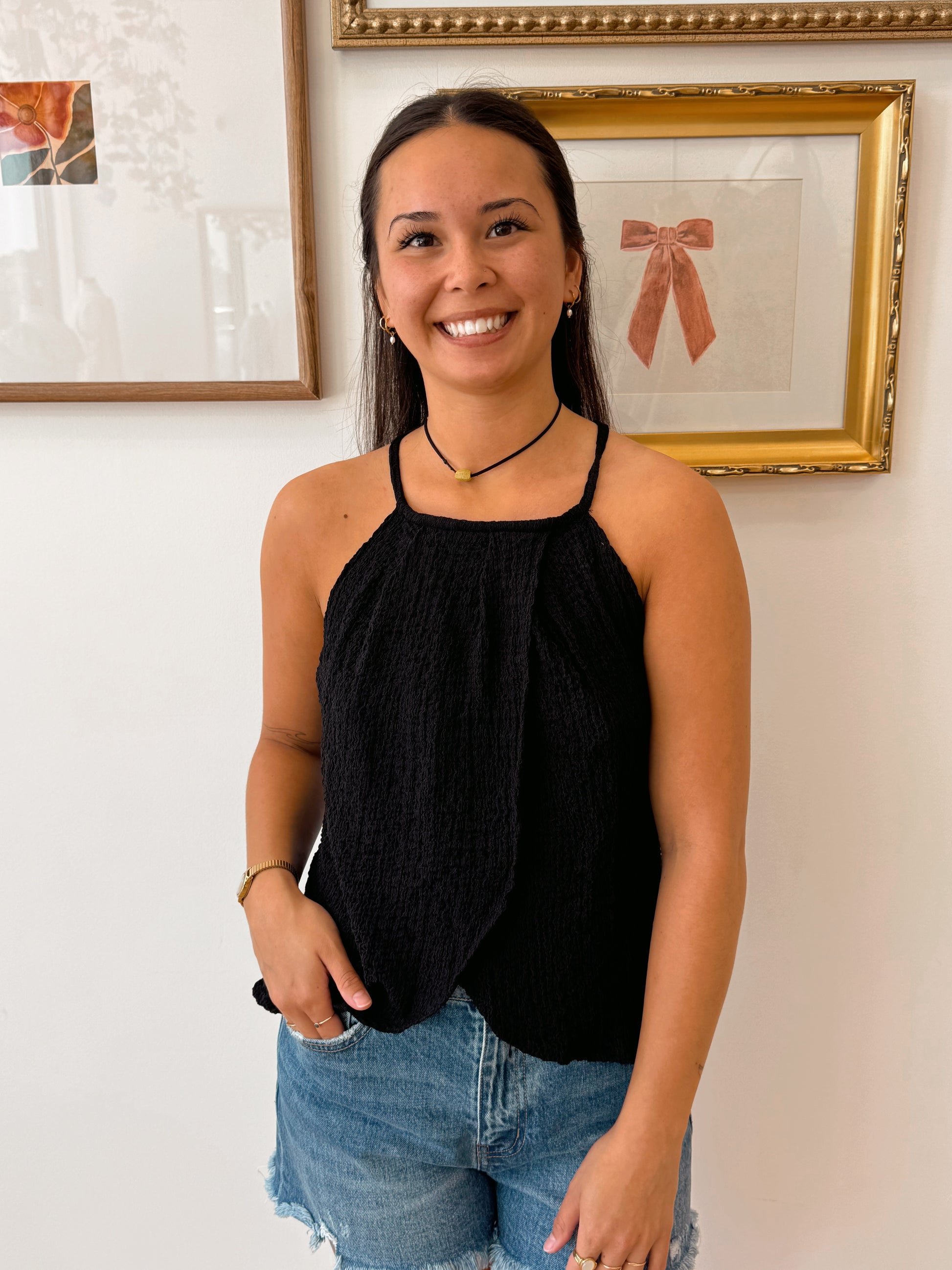 Textured Halter Overlay Top Shirts & Tops