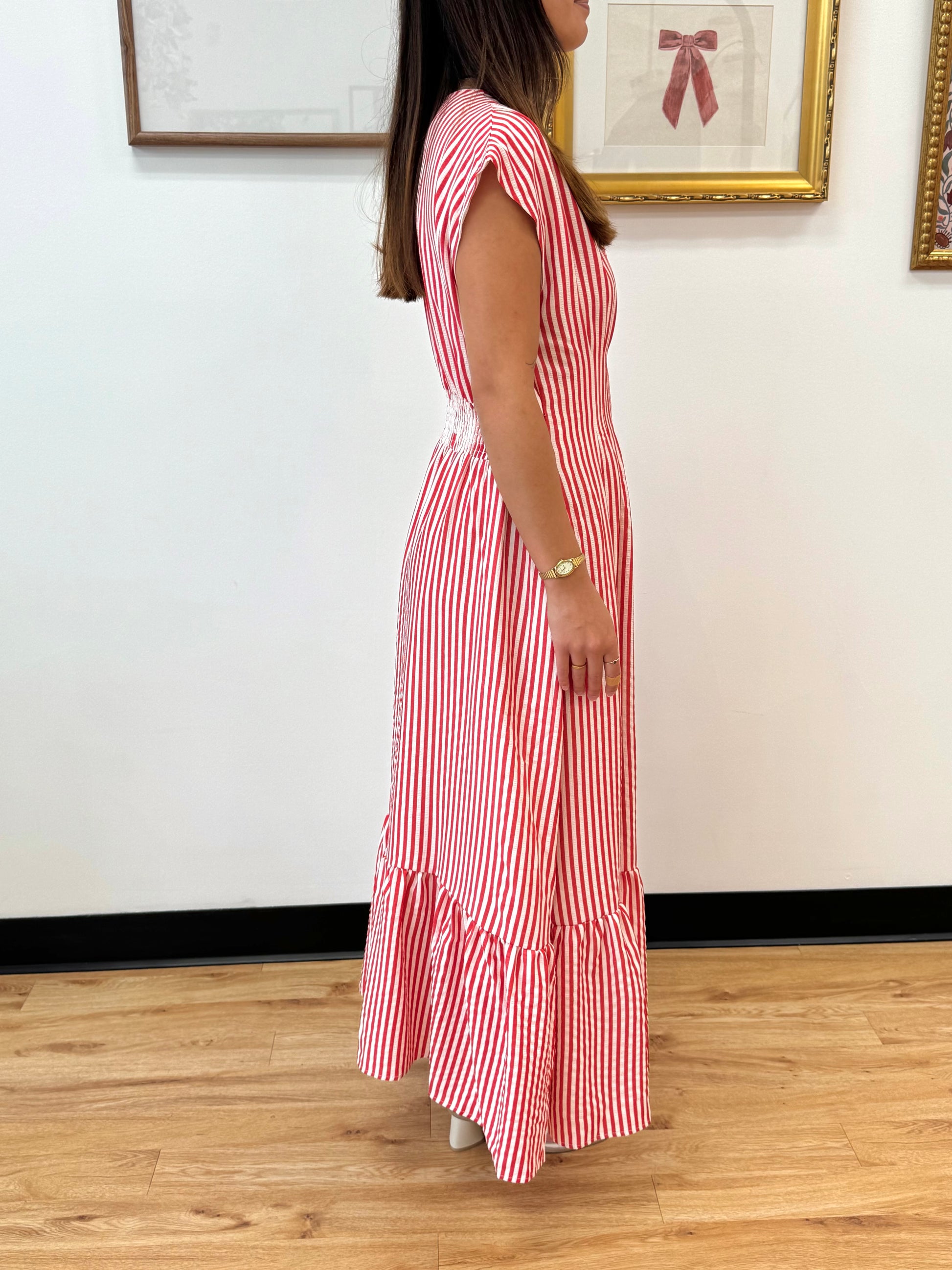 Pleated Waist Stripe Maxi Dress Dress