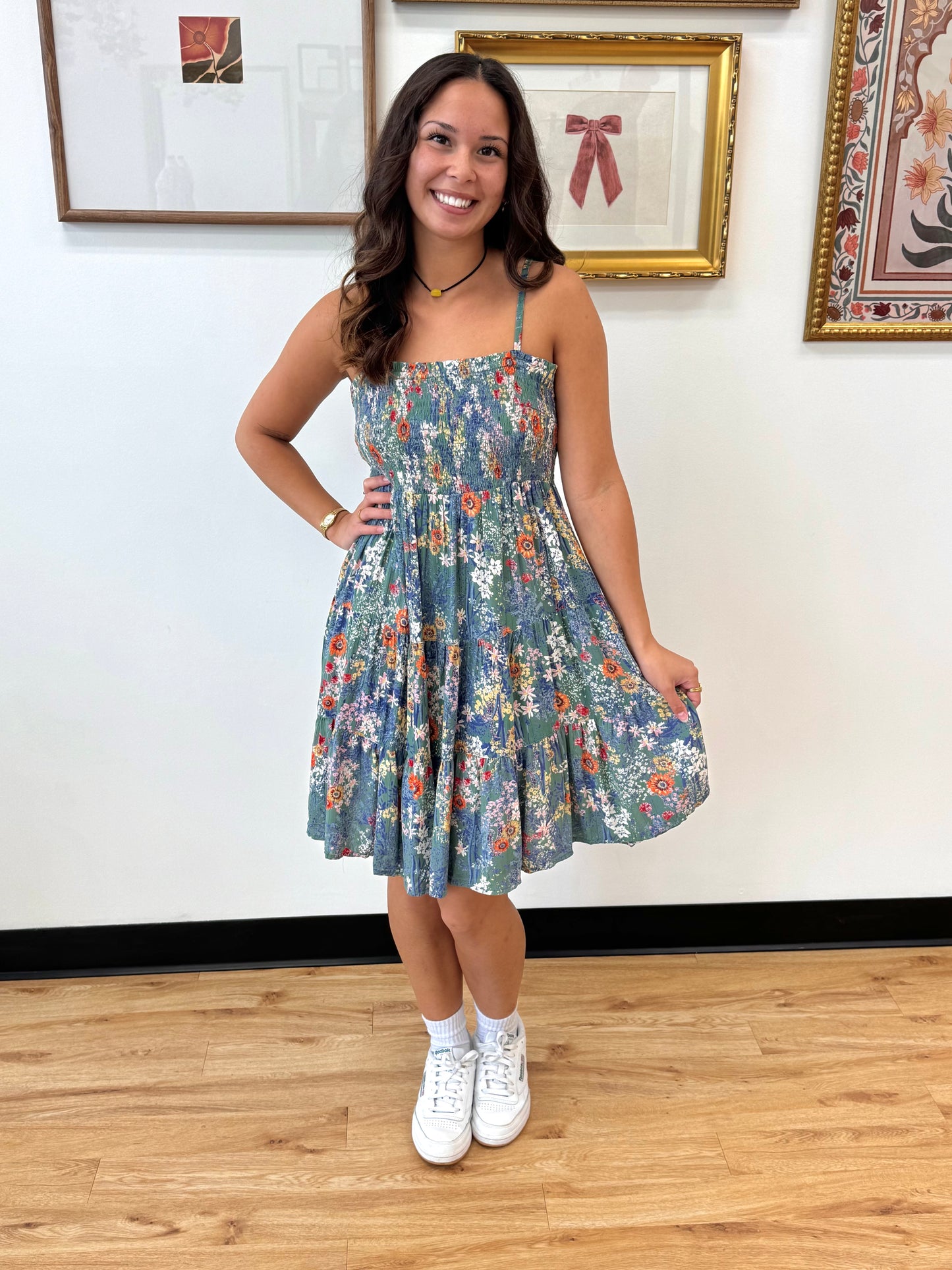 Teal Floral Smocked Dress Dress