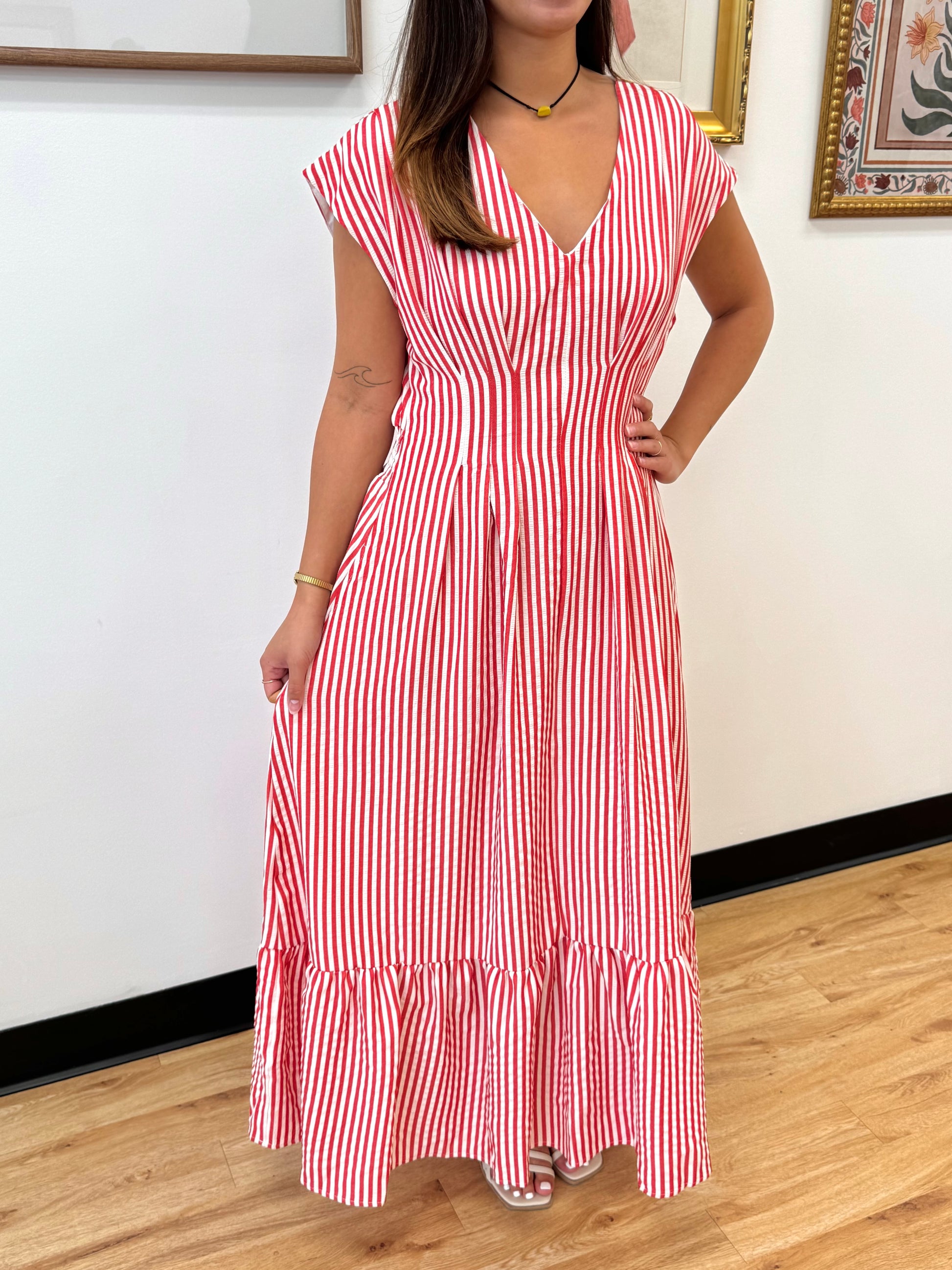 Pleated Waist Stripe Maxi Dress Dress