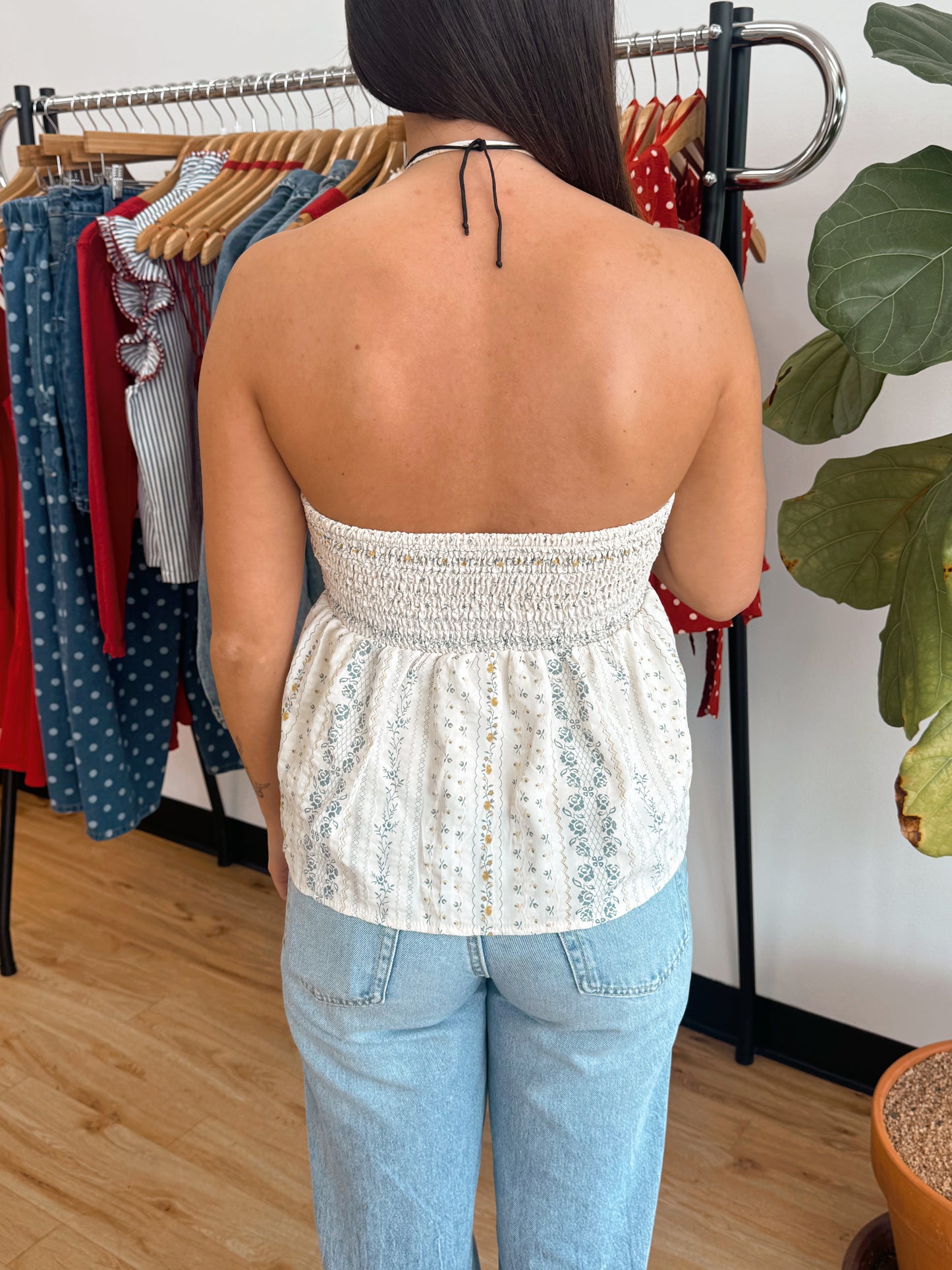 Ivory Floral Halter Top Shirts & Tops