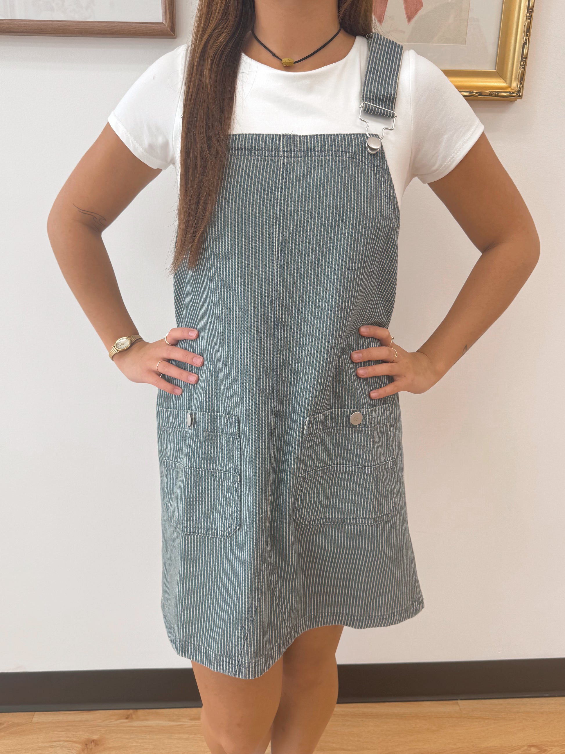 Striped Denim Overall Mini Dress Authenticity Striped Denim Overall Mini Dress Authenticity