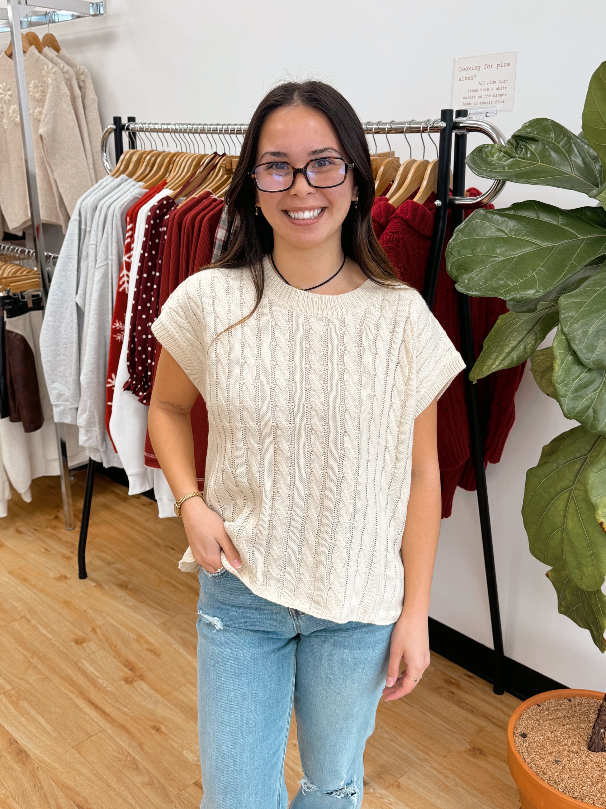 Short Sleeve Cable Knit Sweater Shirts & Tops