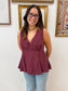Lace Trim Wine Peplum Top Shirts & Tops