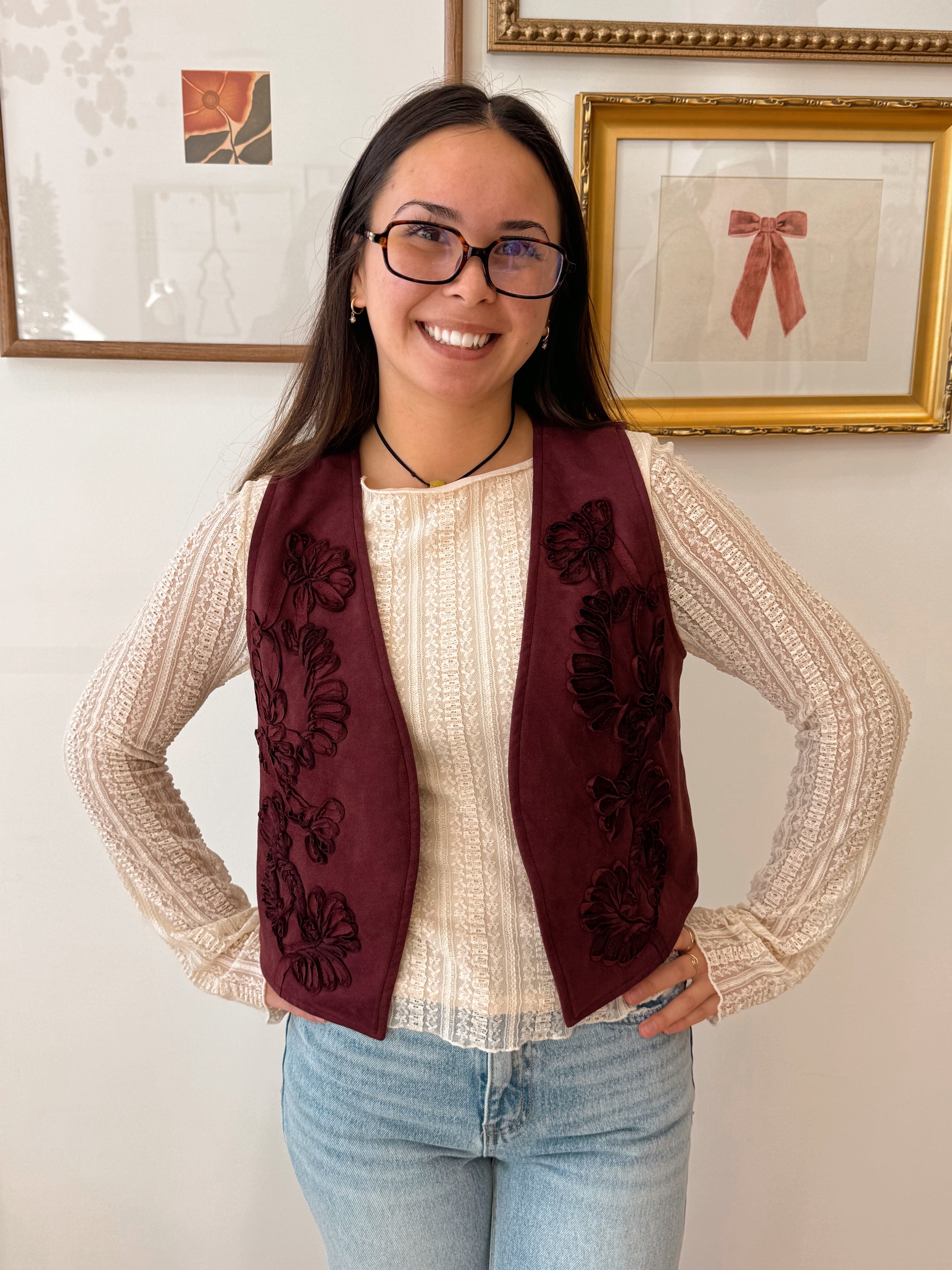 Burgundy Suede Detailed Vest Shirts & Tops