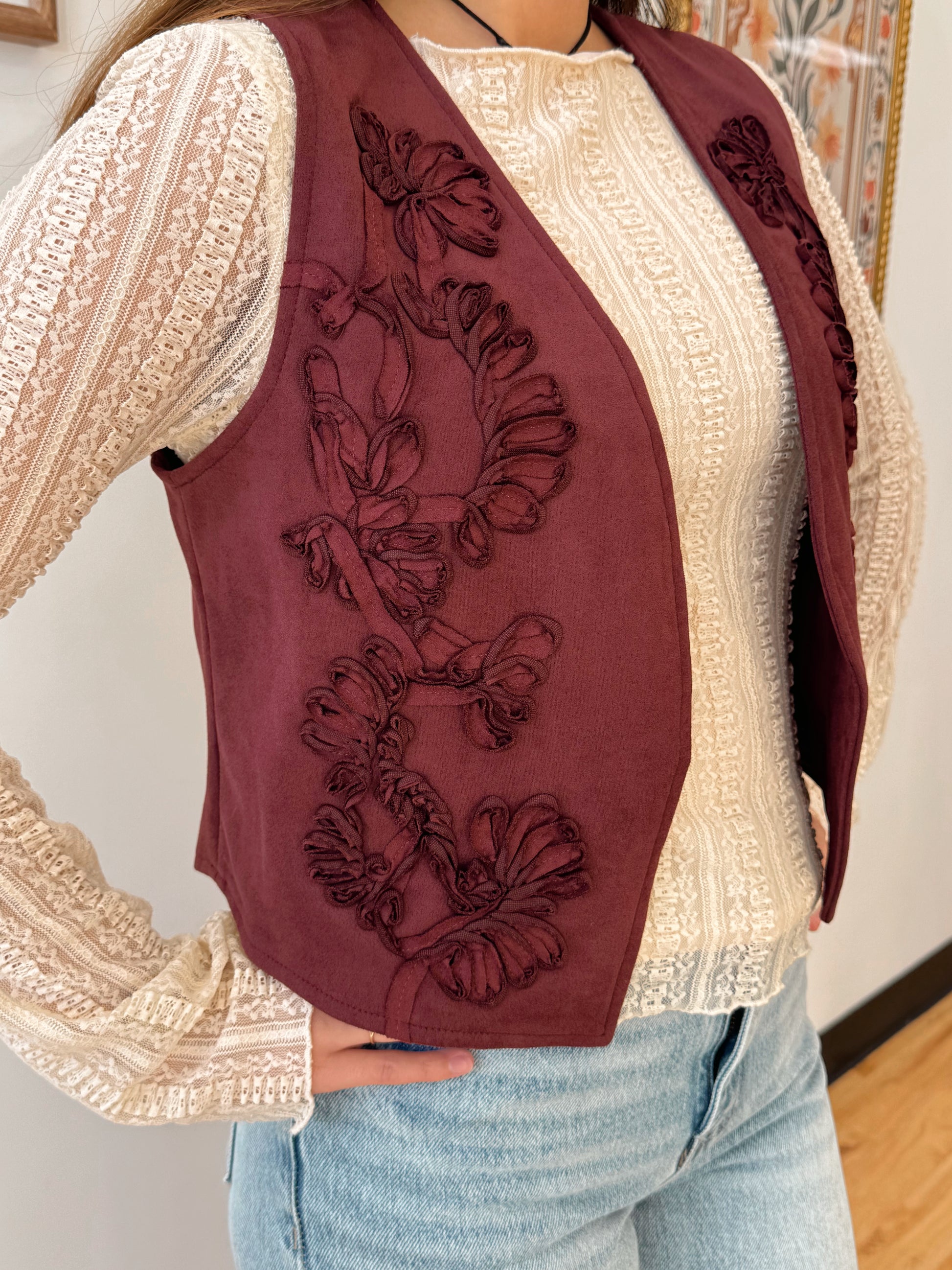 Burgundy Suede Detailed Vest Shirts & Tops
