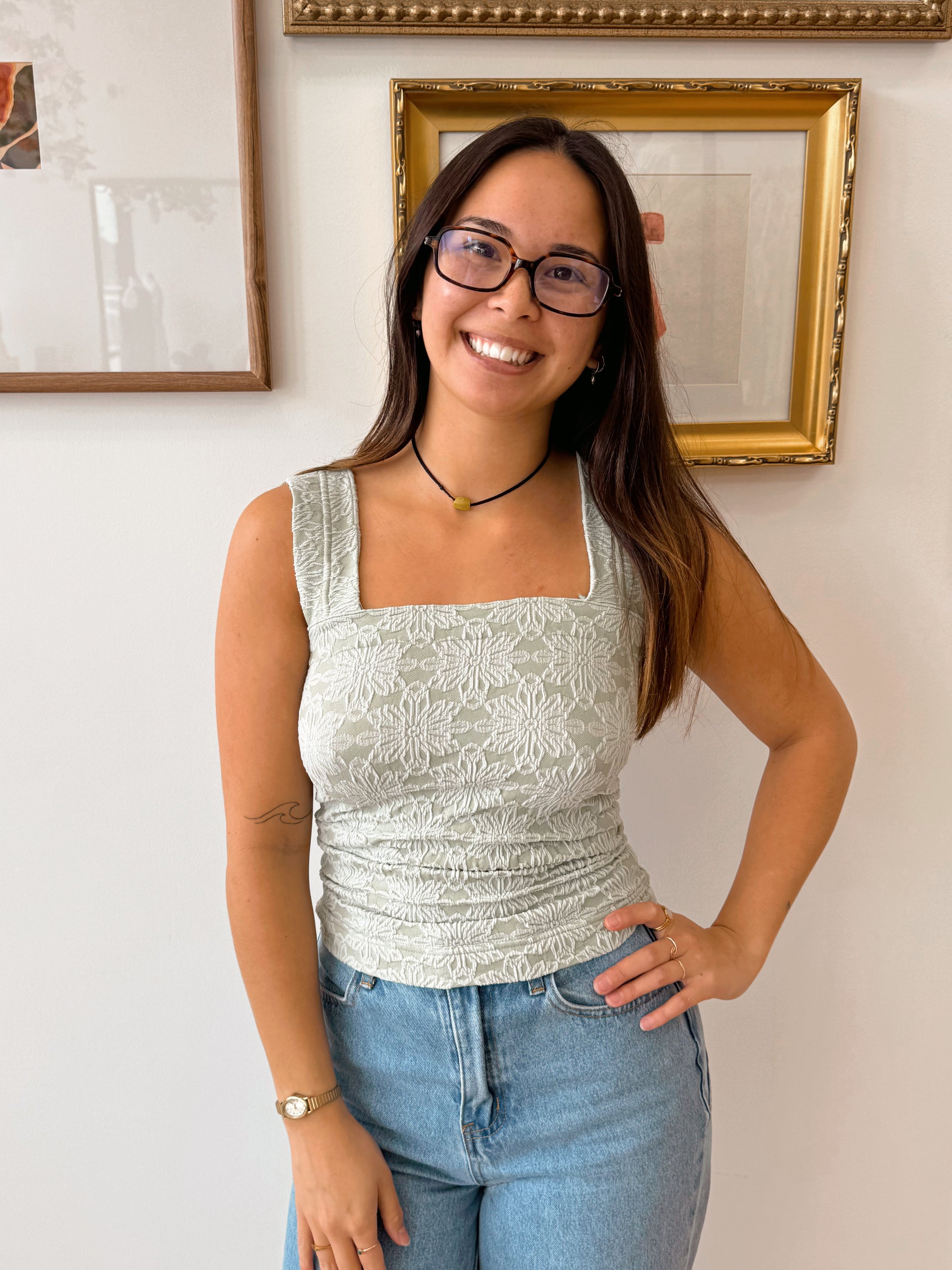 Floral Jacquard Square Neck Top Shirts & Tops