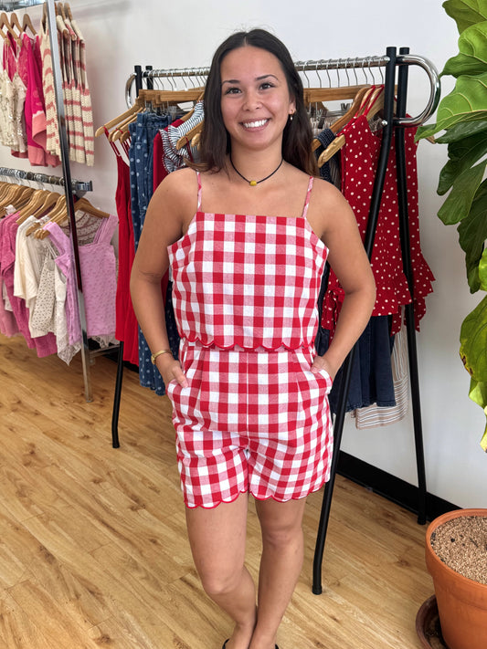 Red Gingham Scalloped Trim Romper Romper