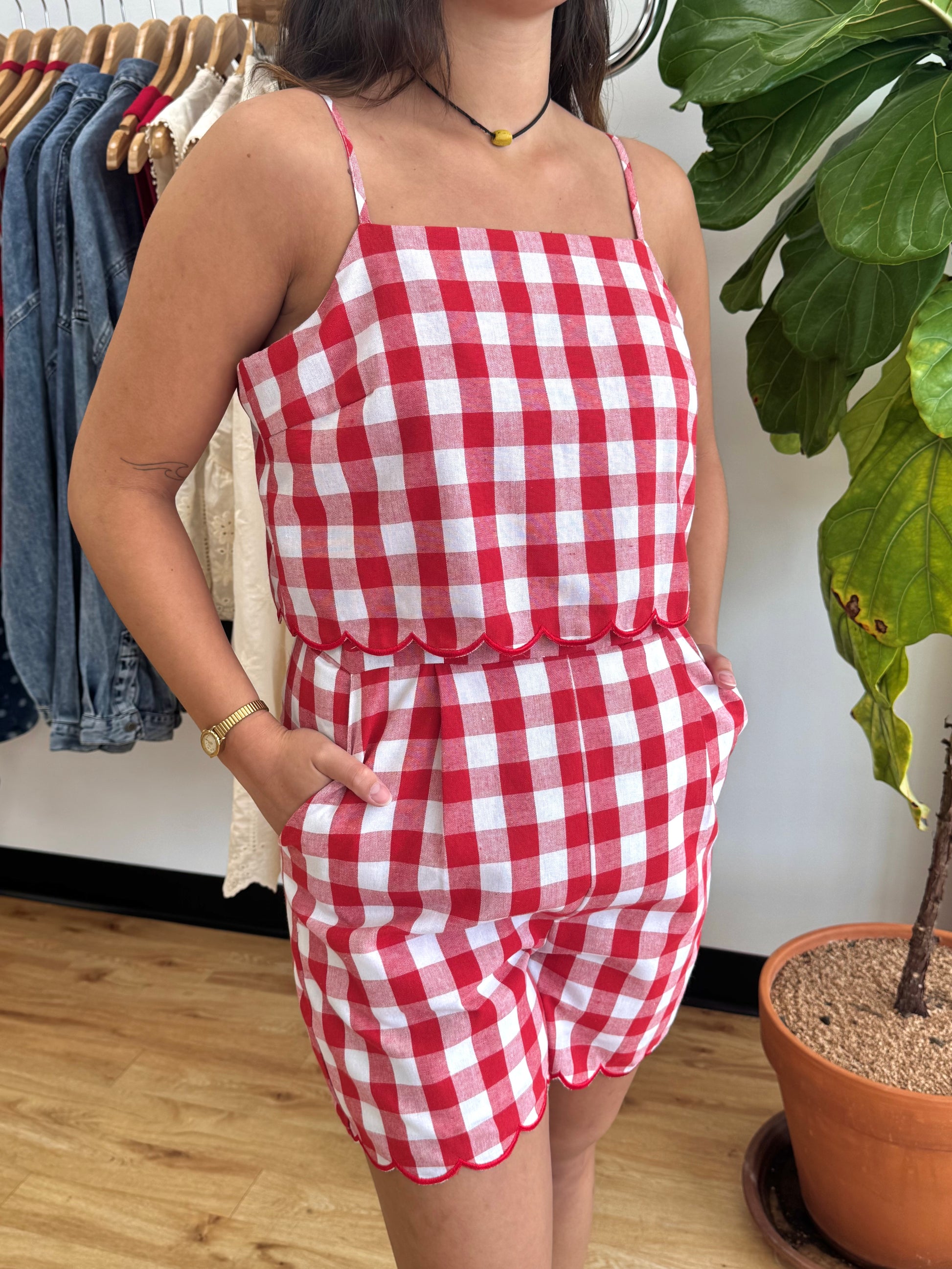 Red Gingham Scalloped Trim Romper Romper