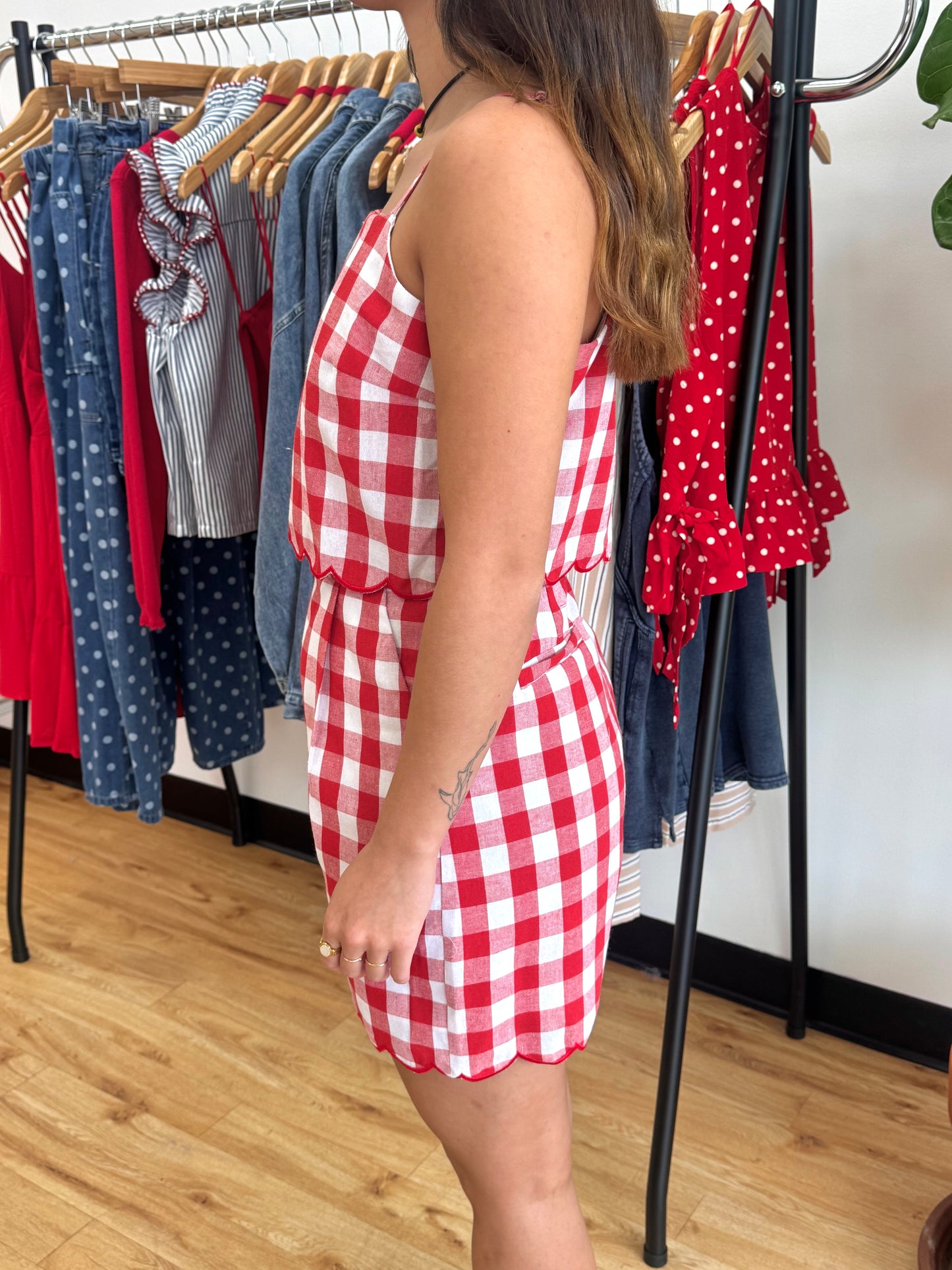 Red Gingham Scalloped Trim Romper Romper