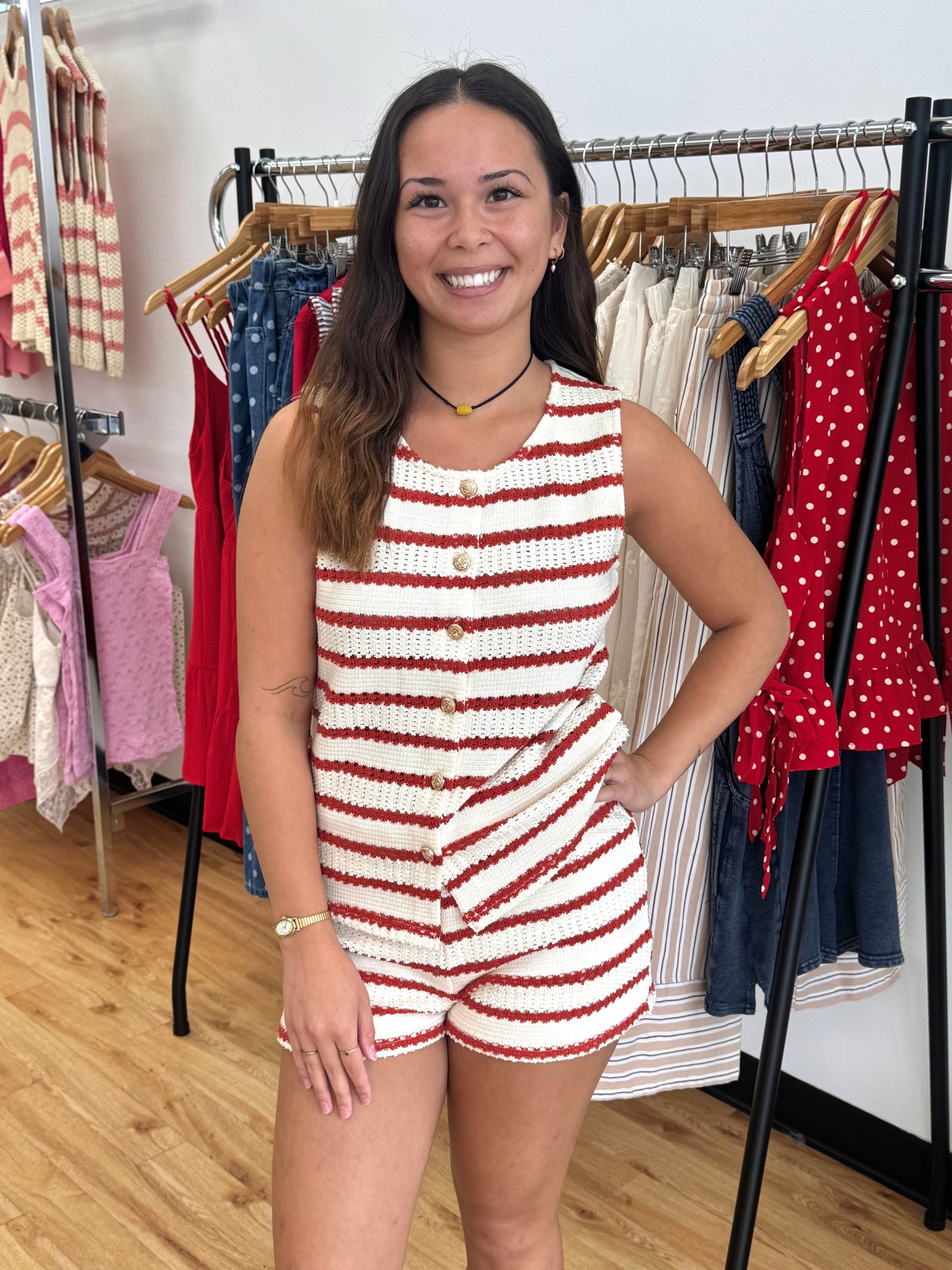 Red Striped Knit Shorts Shirts & Tops