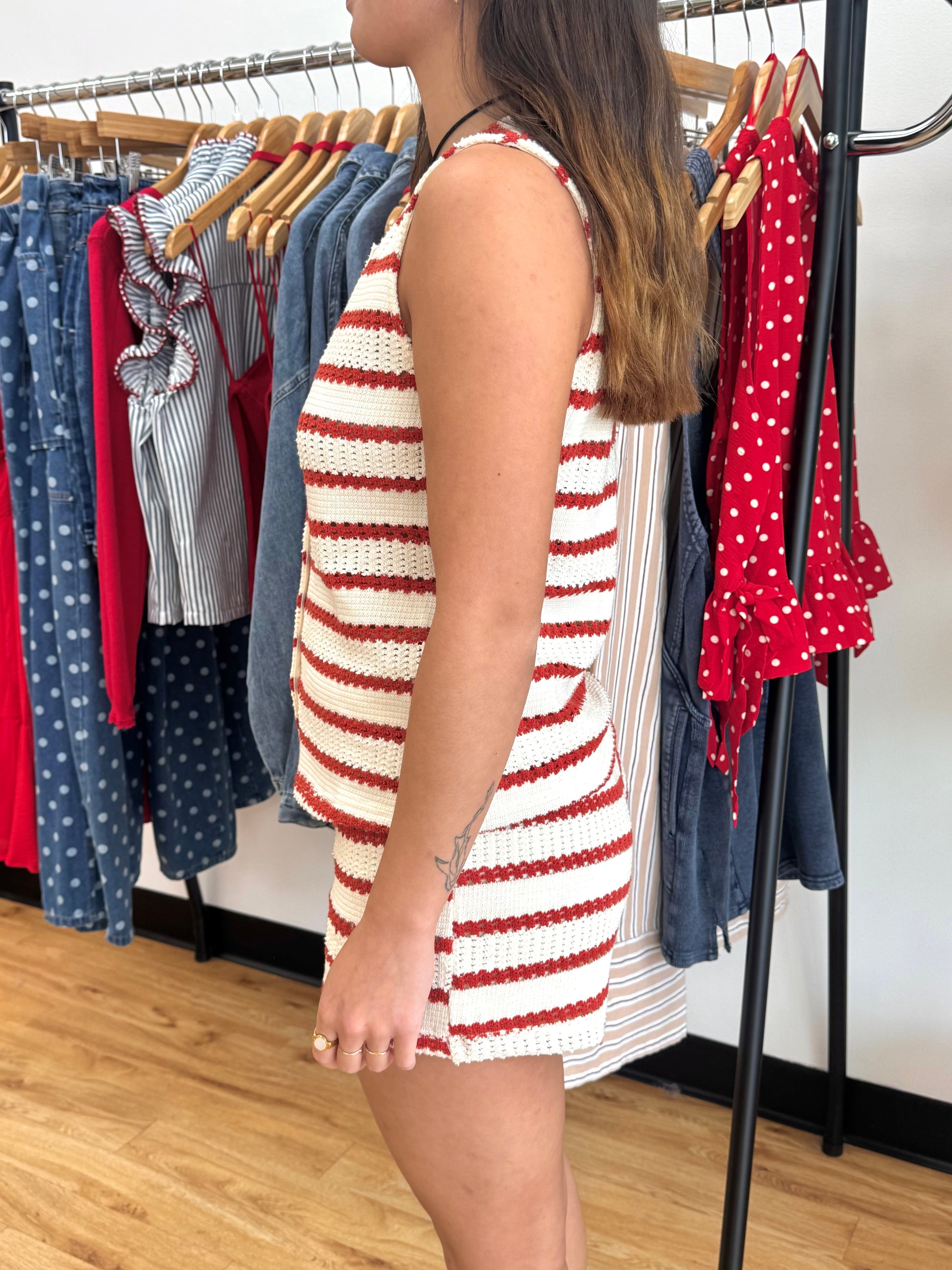 Red Striped Knit Shorts Shirts & Tops