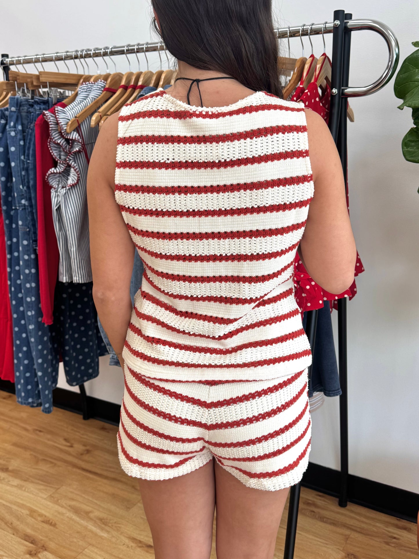 Red Striped Knit Shorts Shirts & Tops