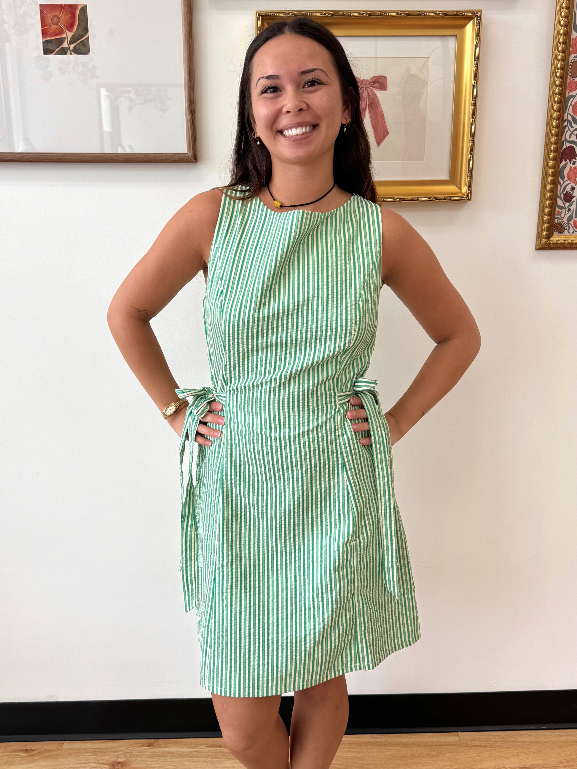 Boat Neck Green Striped Dress Dress