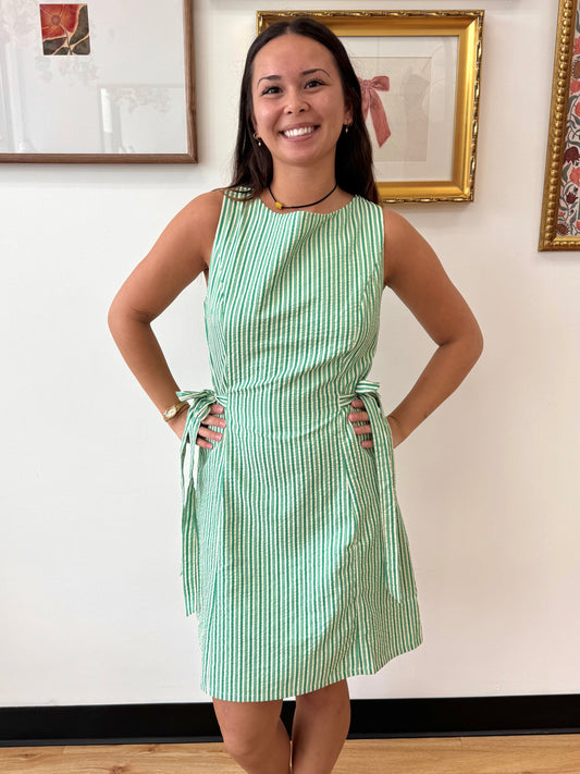 Boat Neck Green Striped Dress Dress