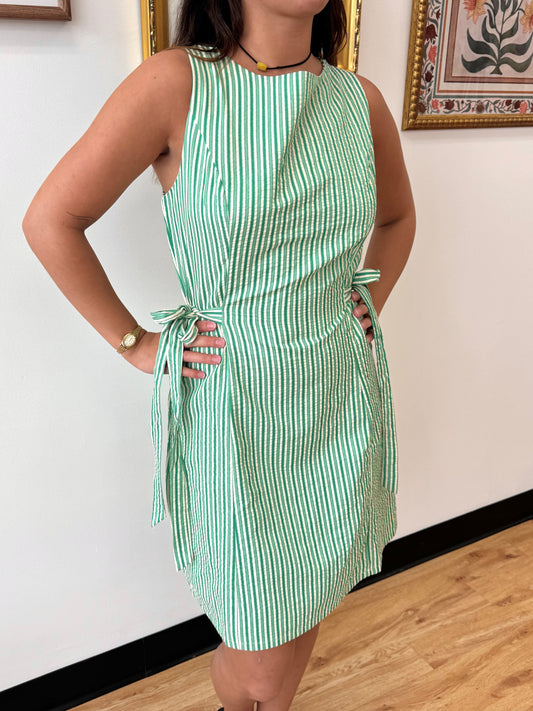 Boat Neck Green Striped Dress Dress