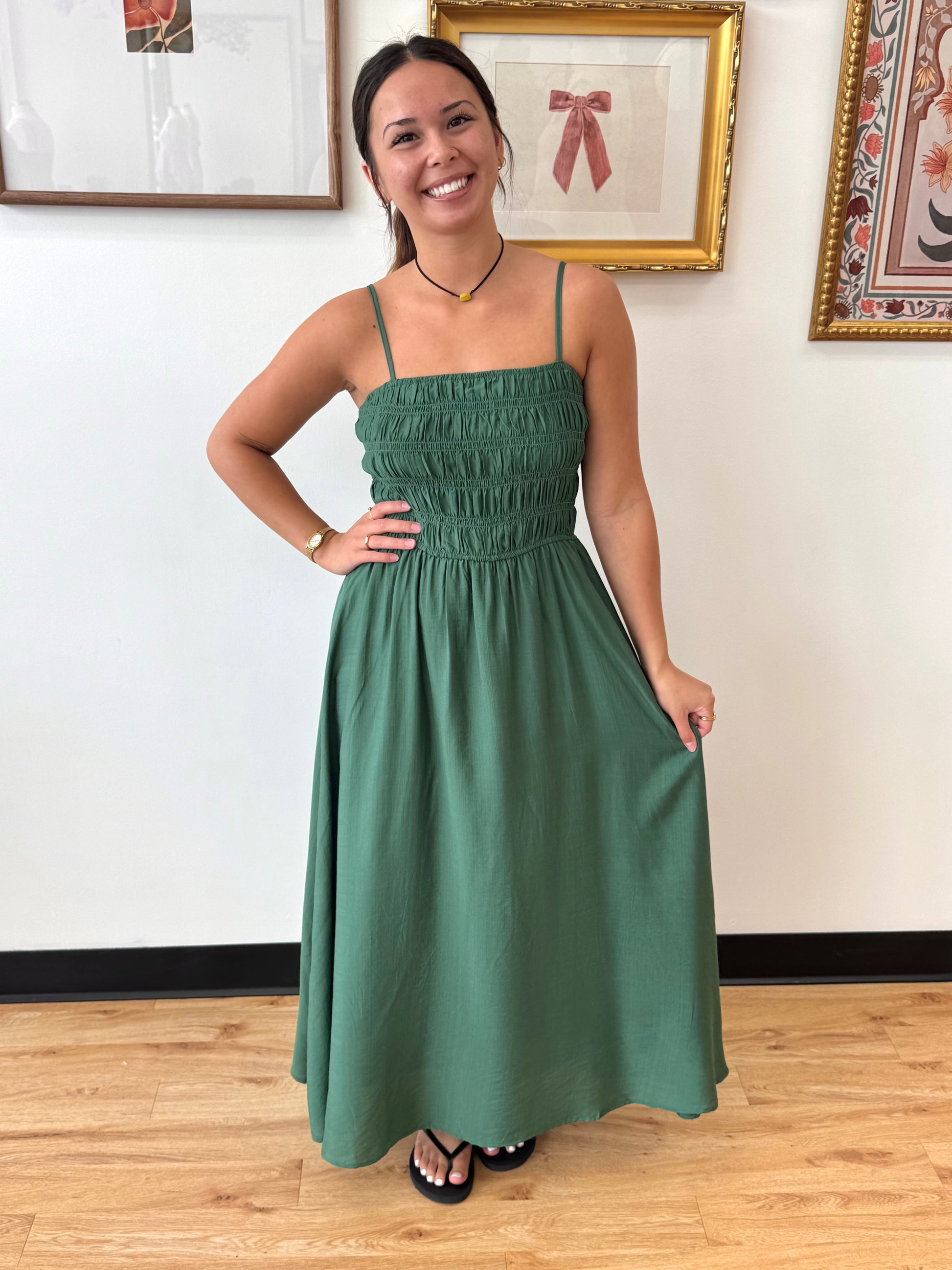 Shirred Bodice Emerald Dress Dress