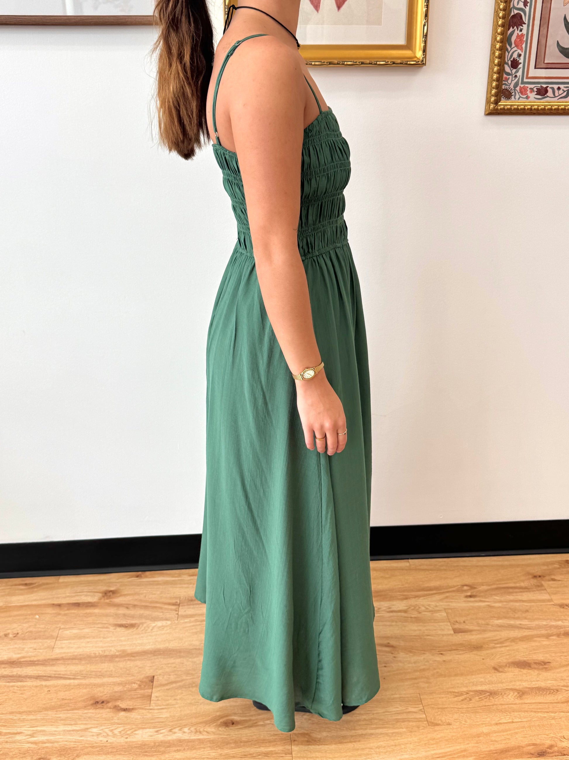Shirred Bodice Emerald Dress Dress