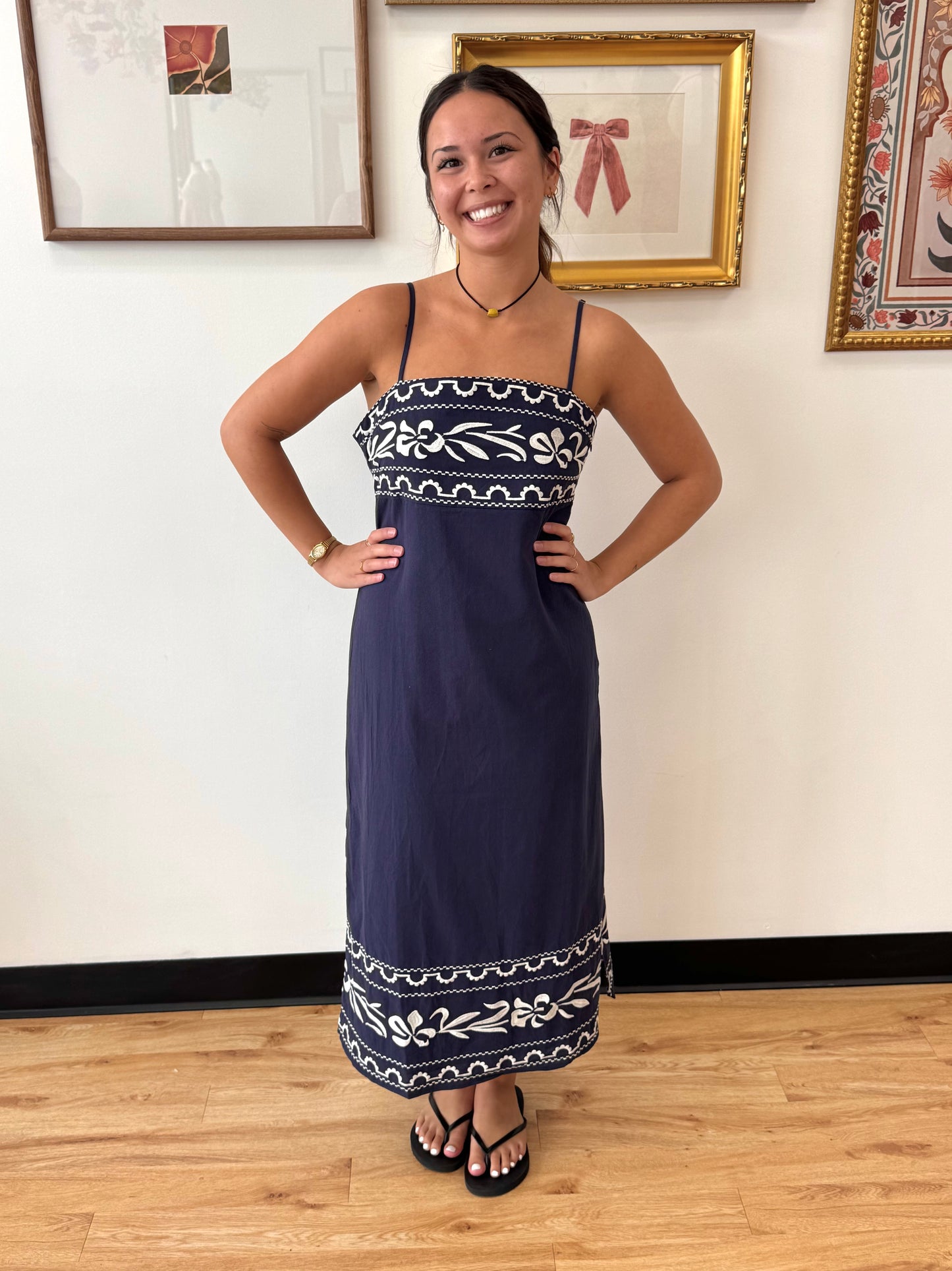 Embroidered Border Cotton Midi Dress Dress
