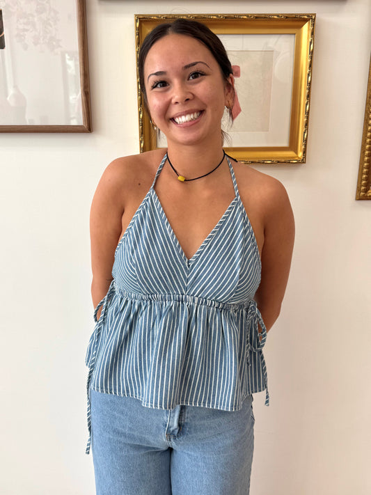 Denim Striped Halter Top Shirts & Tops