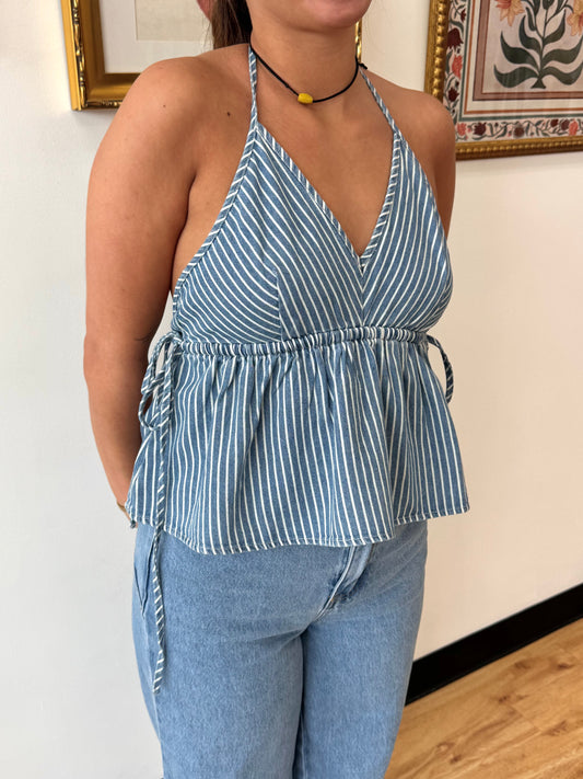 Denim Striped Halter Top Shirts & Tops