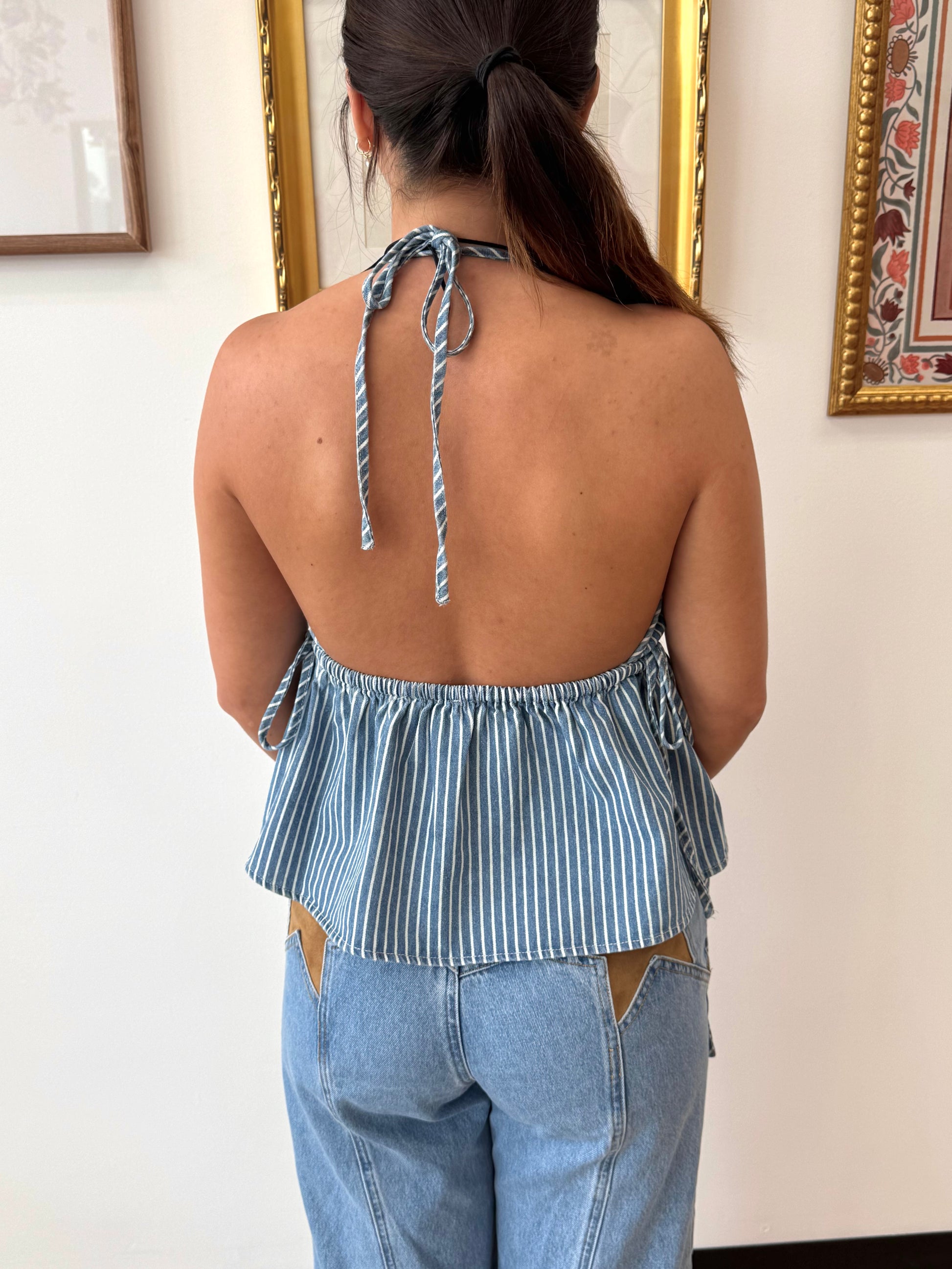 Denim Striped Halter Top Shirts & Tops