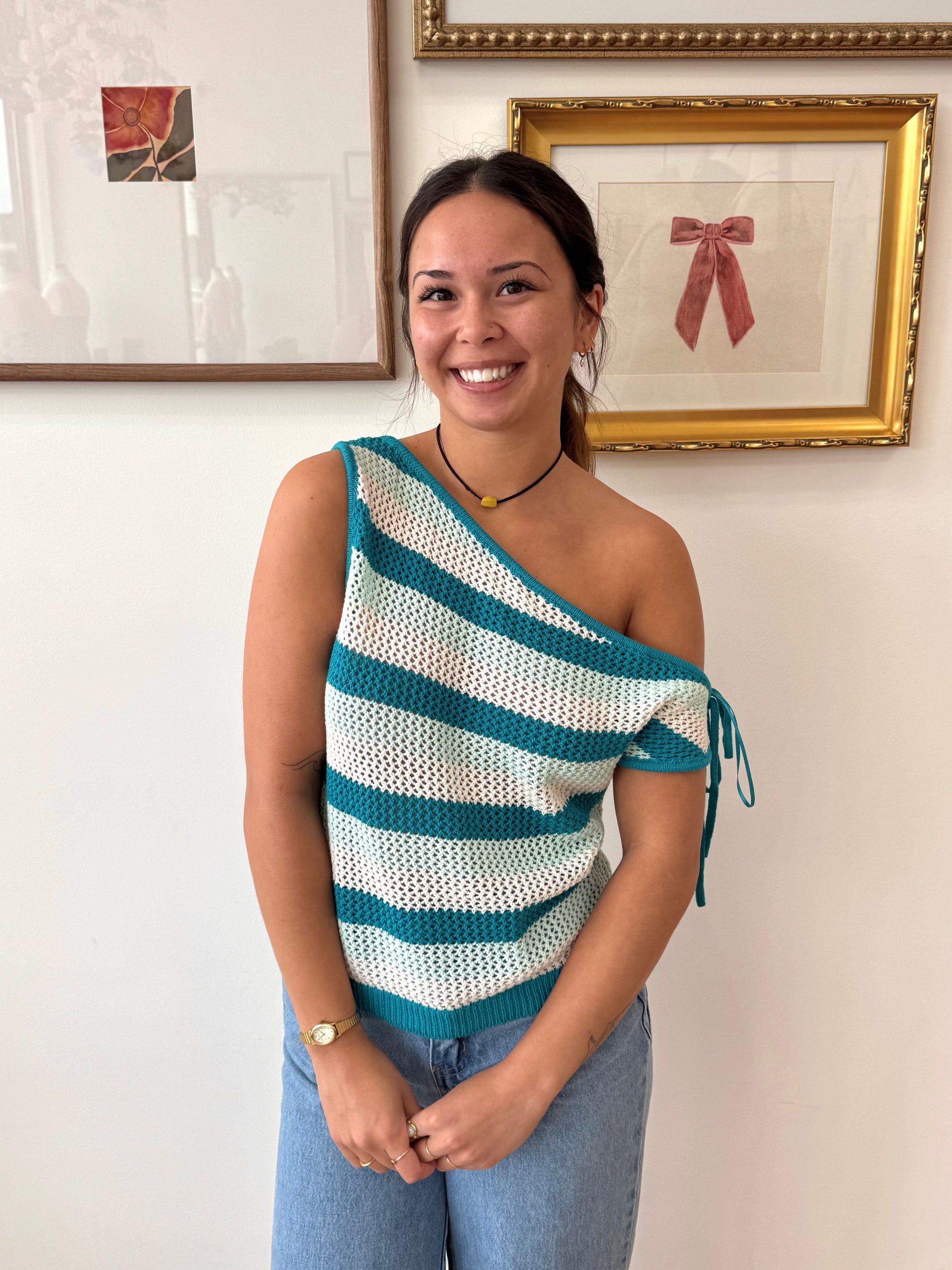 Off Shoulder Teal Striped Top Shirts & Tops