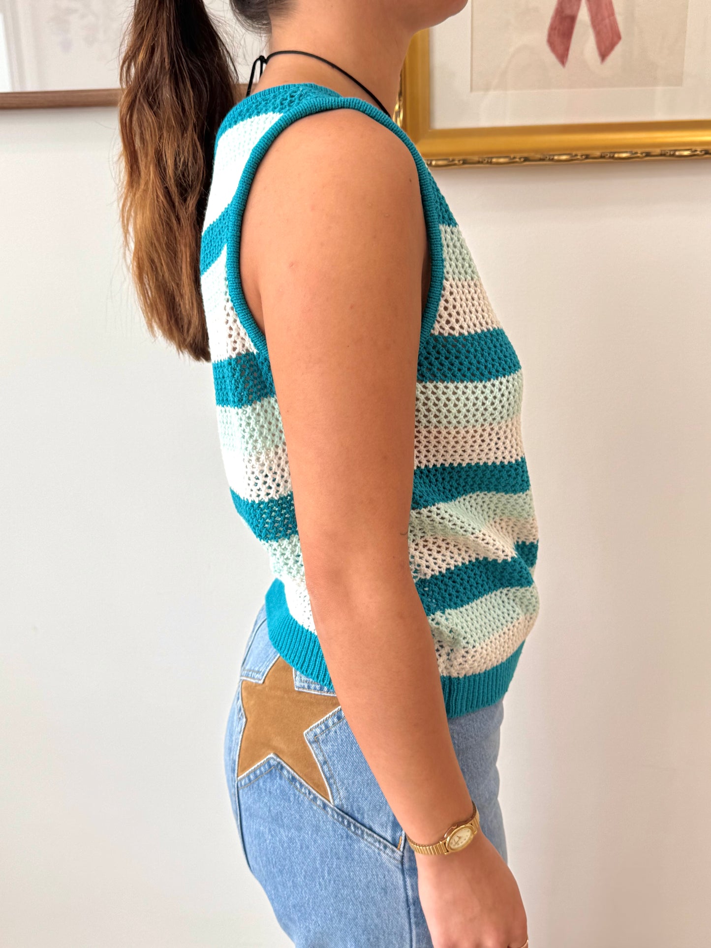 Off Shoulder Teal Striped Top Shirts & Tops