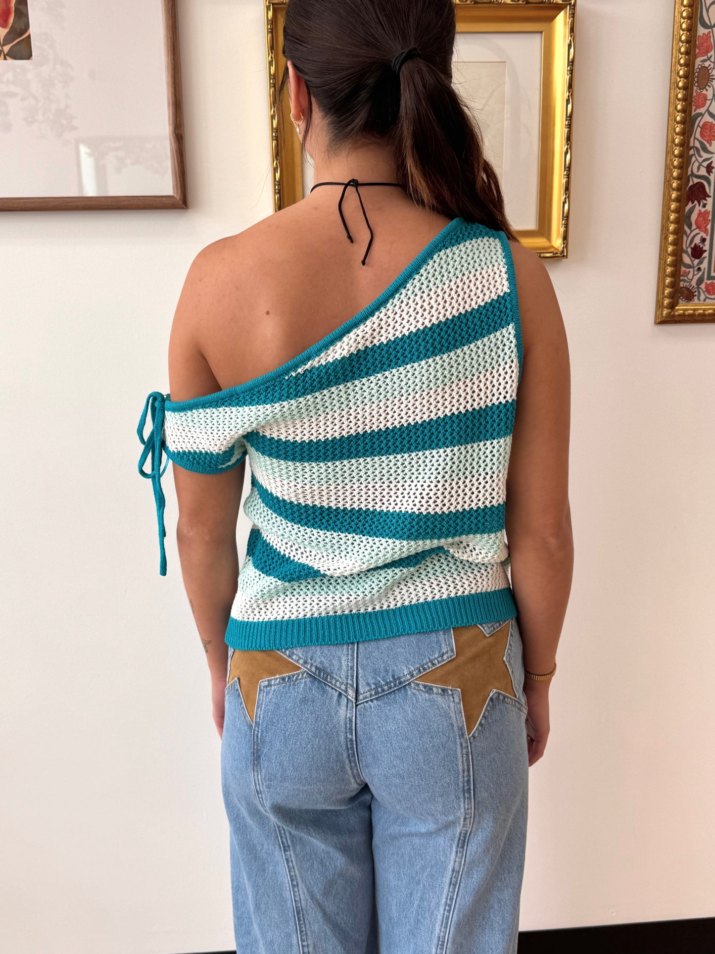 Off Shoulder Teal Striped Top Shirts & Tops