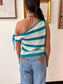 Off Shoulder Teal Striped Top Shirts & Tops
