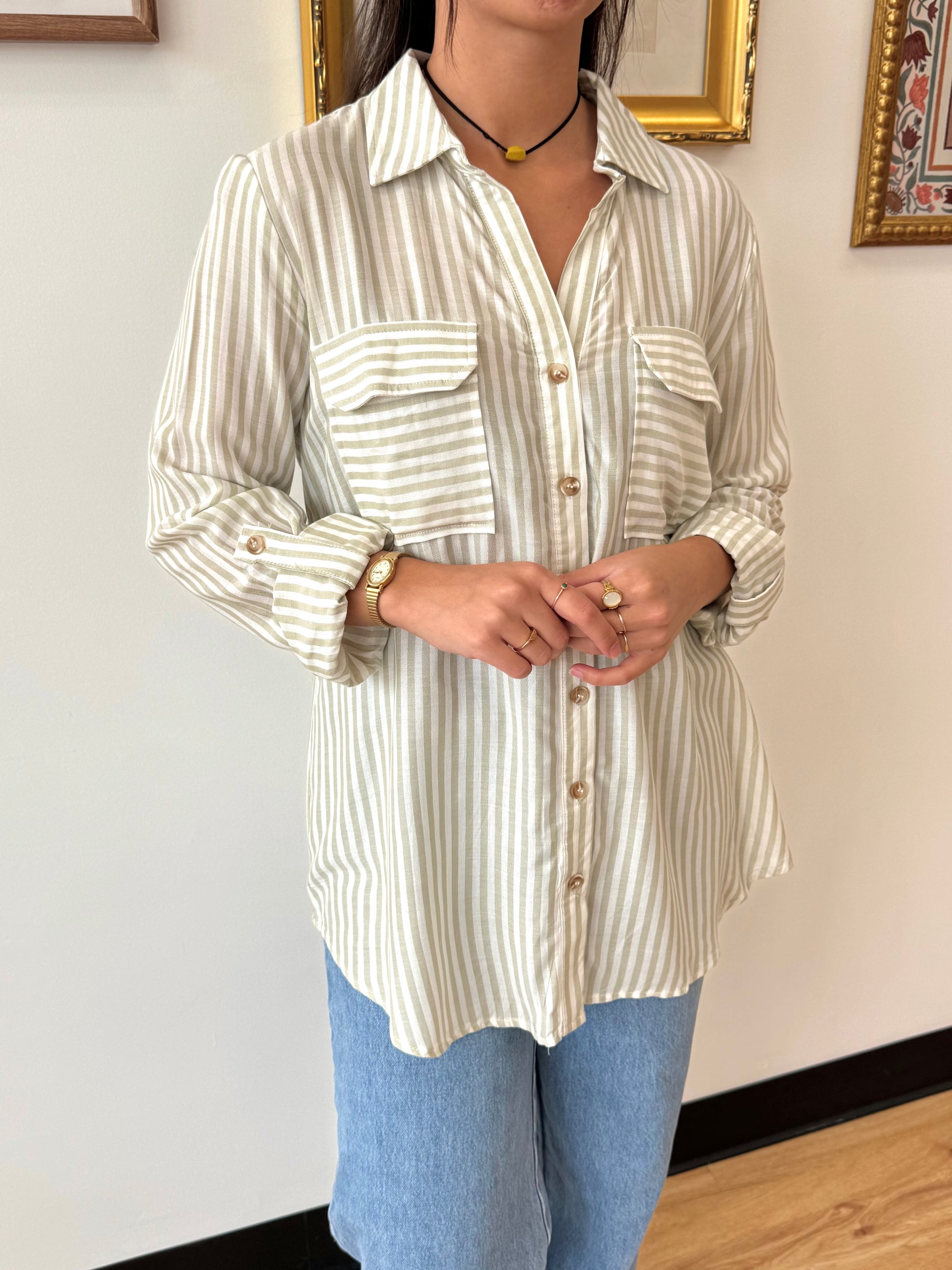 Sage Striped Button Down Top Shirts & Tops