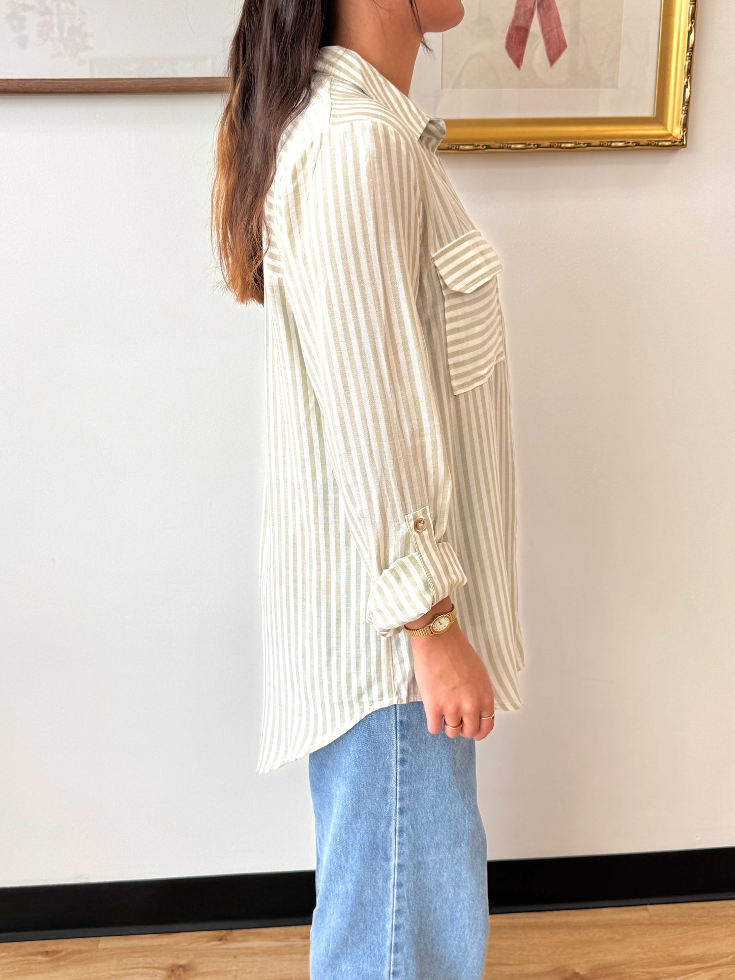 Sage Striped Button Down Top Shirts & Tops