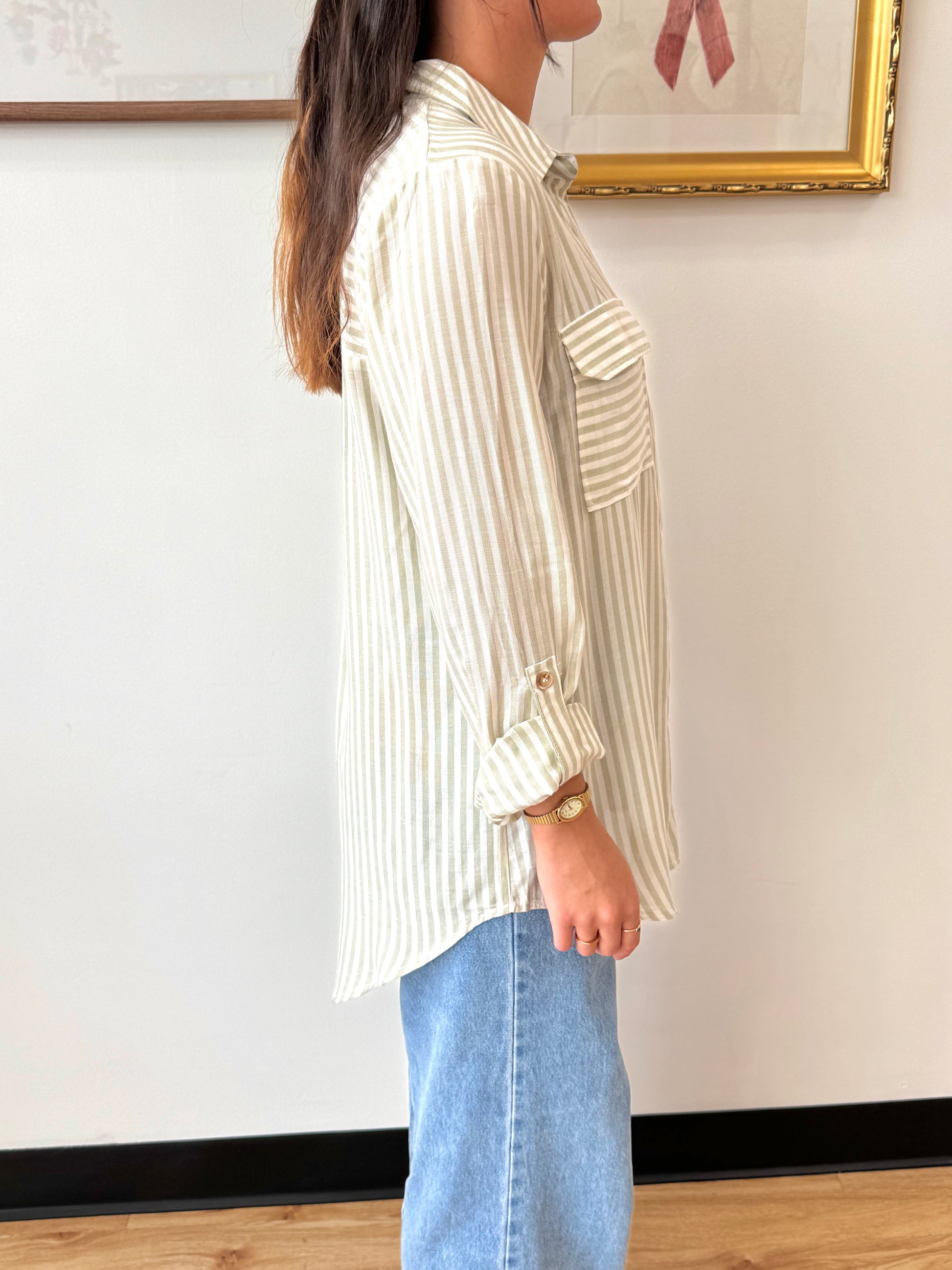 Sage Striped Button Down Top Shirts & Tops